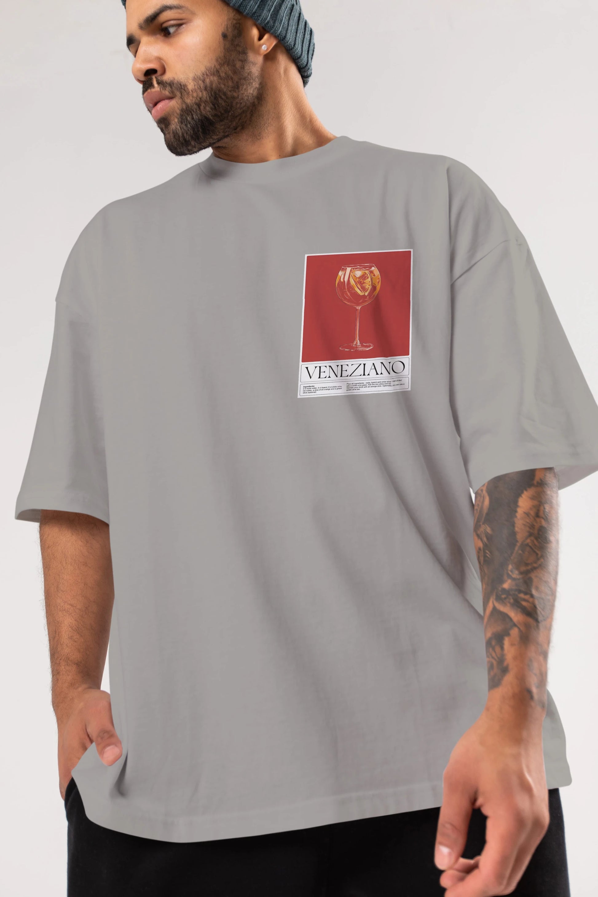 Veneziano Ön Sol Baskılı Oversize t-shirt Erkek Kadın Unisex %100 Pamuk Bisiklet Yaka tişort