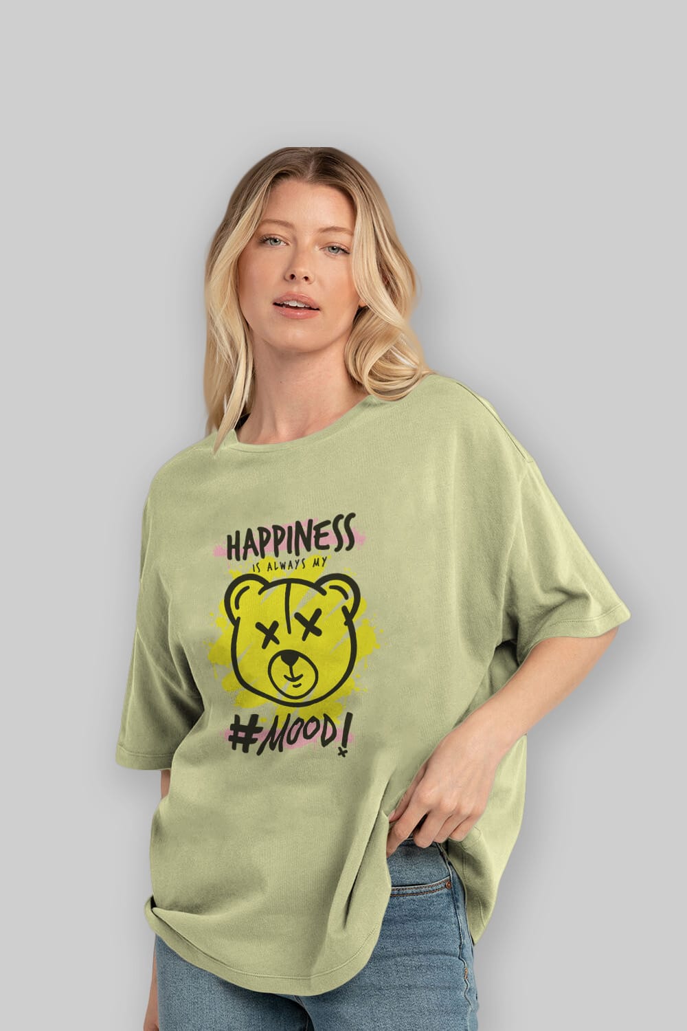 Happiness Mood Bear Ön Baskılı Oversize t-shirt Erkek Kadın Unisex