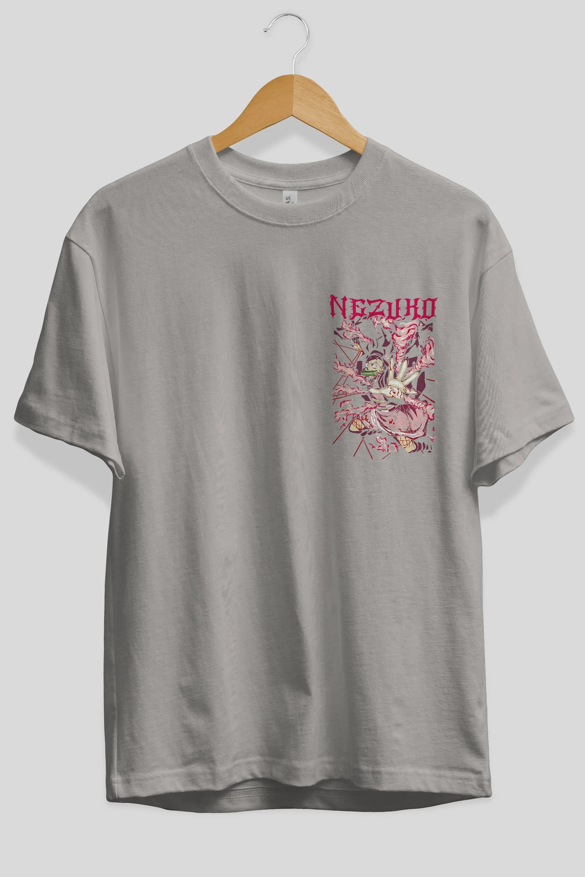 NEZUKO KAMADO Ön Sol Baskılı Oversize t-shirt Erkek Kadın Unisex %100 Pamuk Bisiklet Yaka tişort