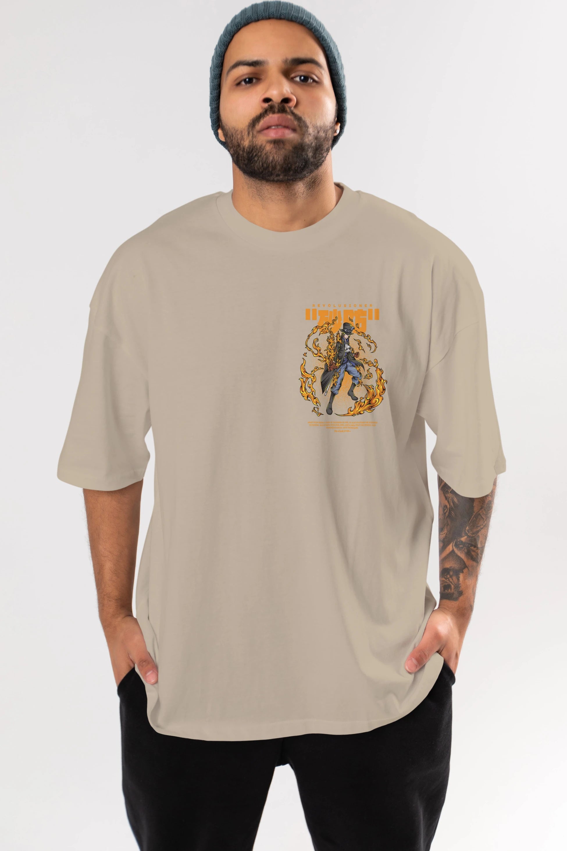 Revolusioner Sabo Ön Sol Baskılı Oversize t-shirt Erkek Kadın Unisex %100 Pamuk Bisiklet Yaka tişort