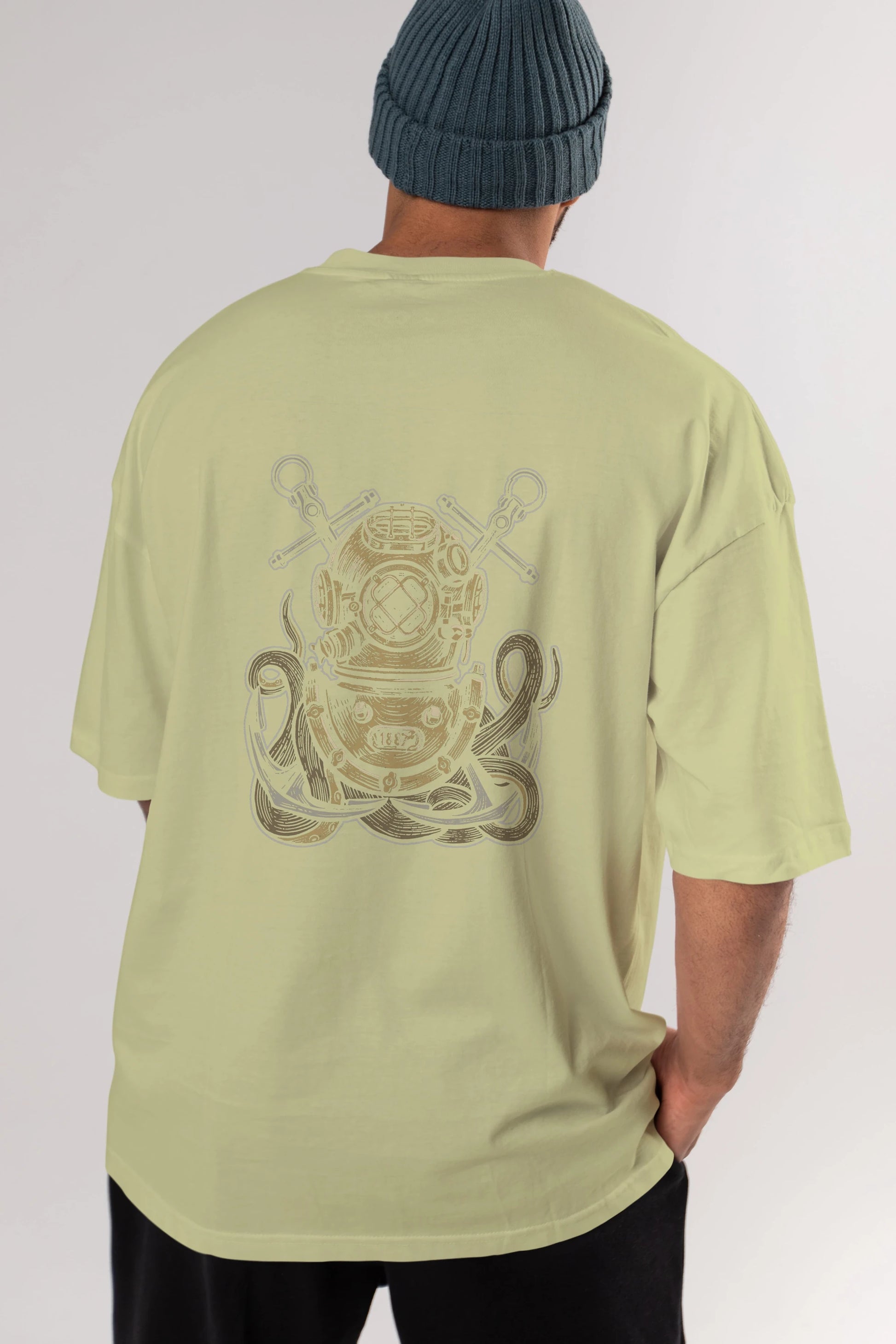 Diver Octopus Arka Baskılı Oversize t-shirt Erkek Kadın Unisex %100 Pamuk