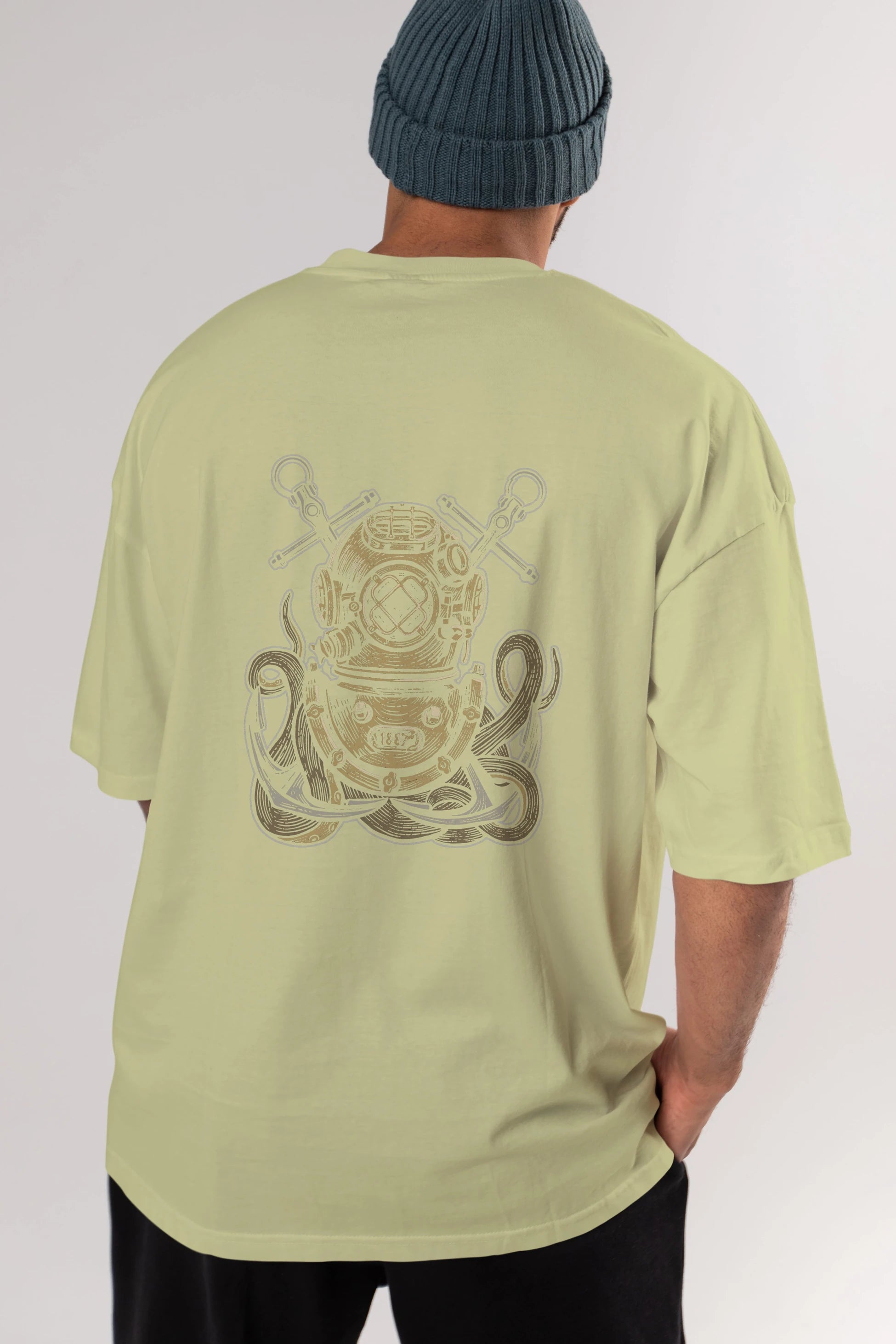Diver Octopus Arka Baskılı Oversize t-shirt Erkek Kadın Unisex %100 Pamuk