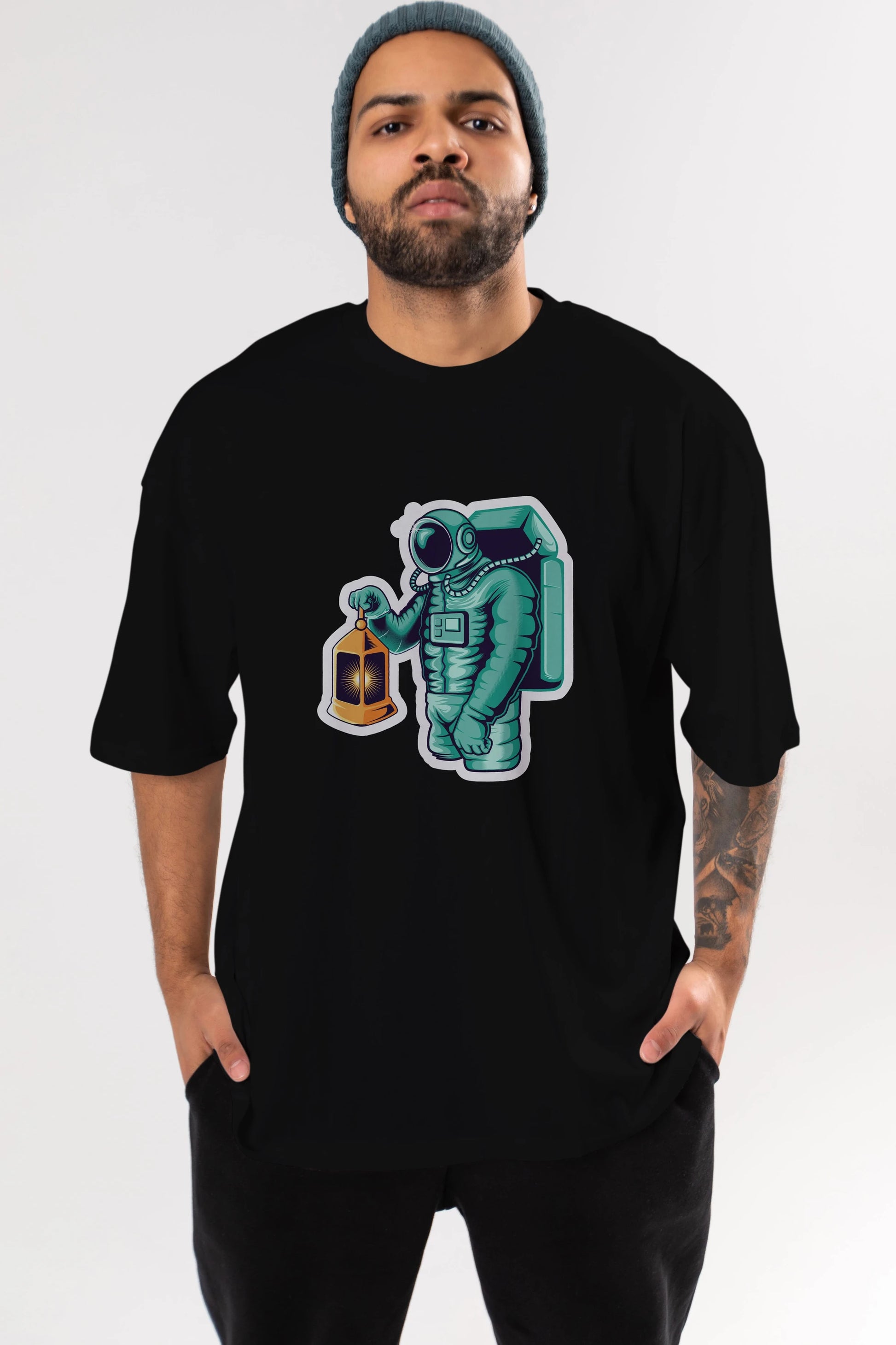 Astronaut Lantern Sticker Ön Baskılı Oversize t-shirt Erkek Kadın Unisex