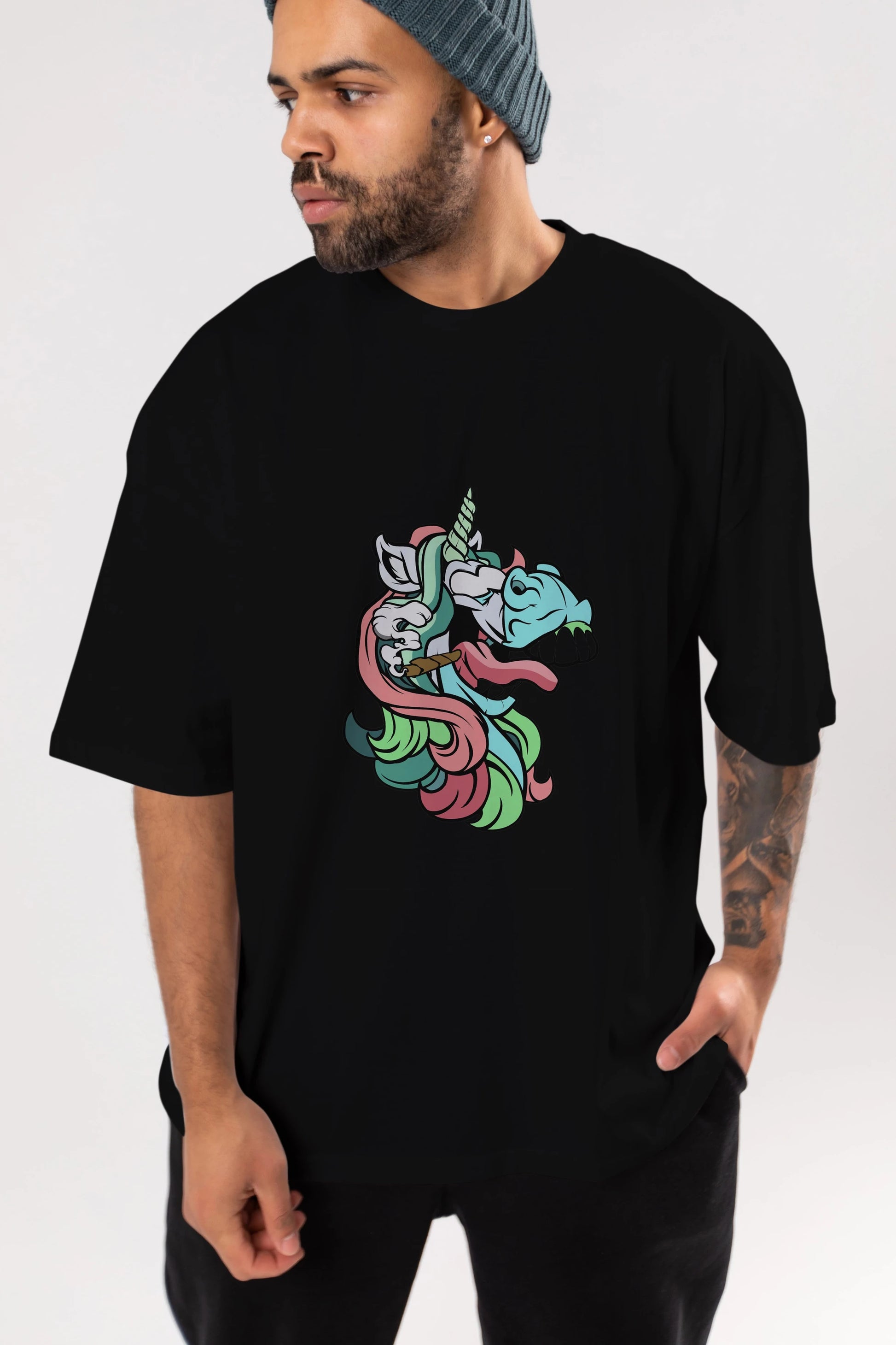 Crazy Unicorn Ön Baskılı Oversize t-shirt Erkek Kadın Unisex %100 Pamuk tişort