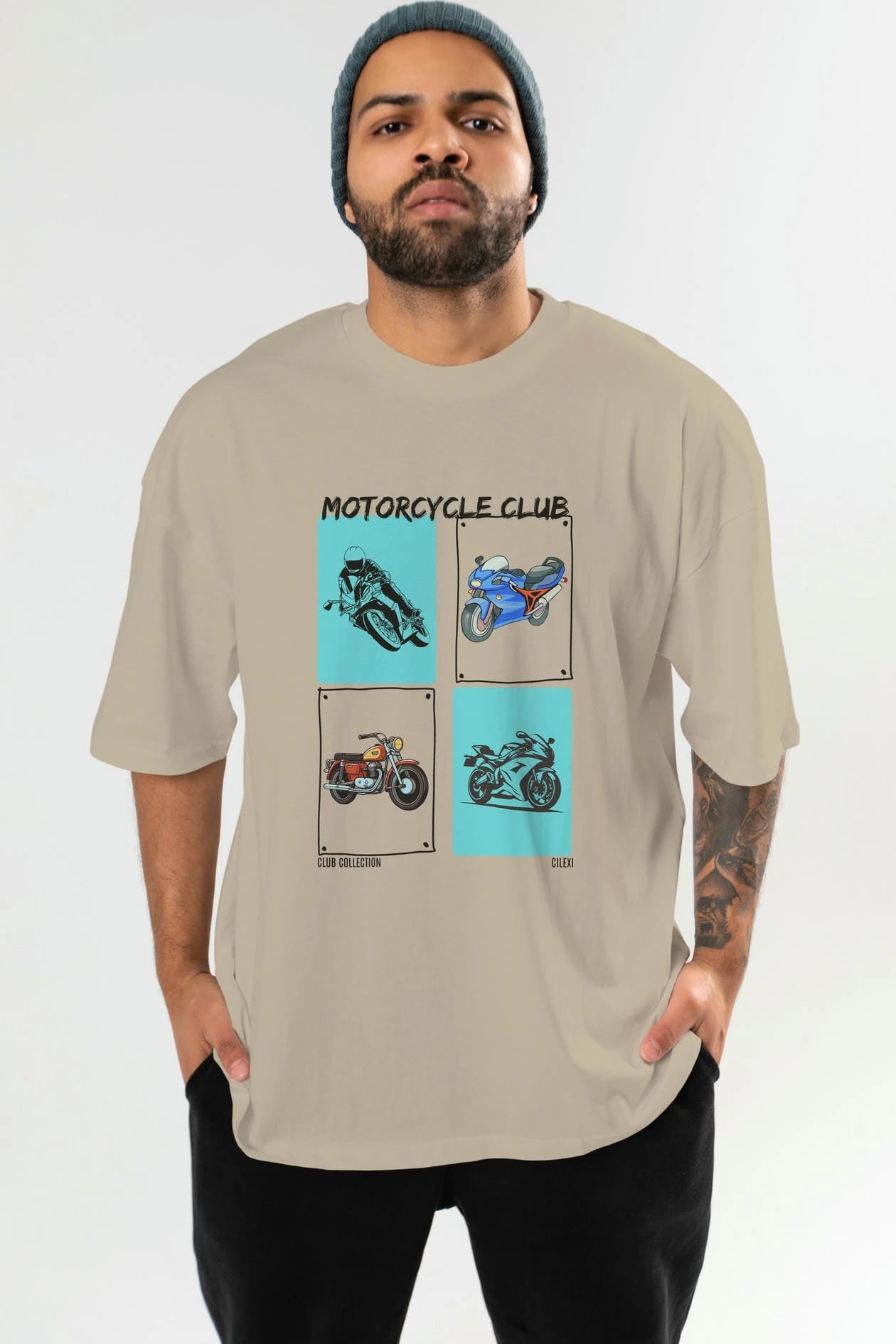 Motorcycle Club ön Baskılı Oversize t-shirt Erkek Kadın %100 Pamuk Bisiklet Yaka tişort