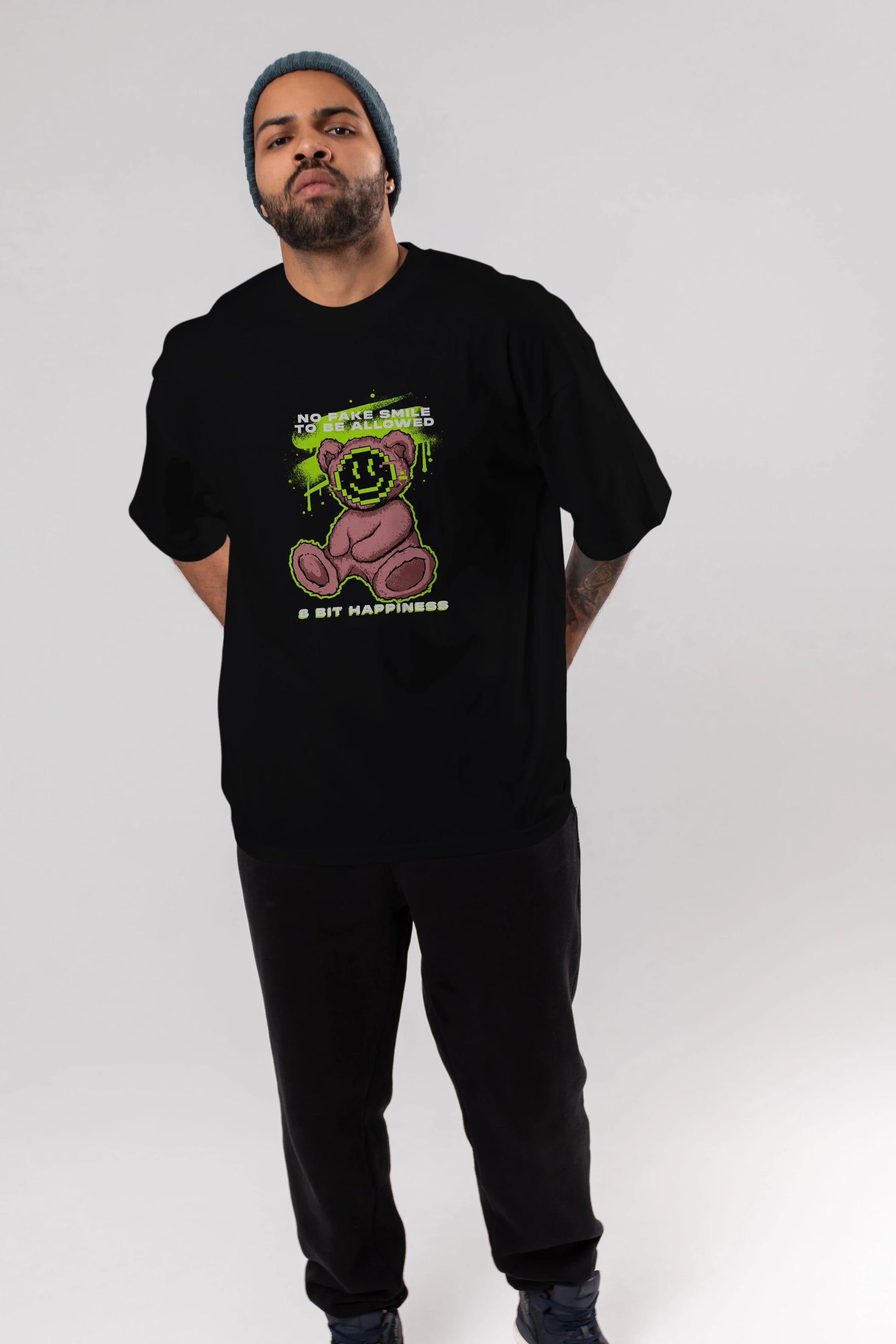 No Fake Smile Bear Ön Baskılı Oversize t-shirt Erkek Kadın Unisex