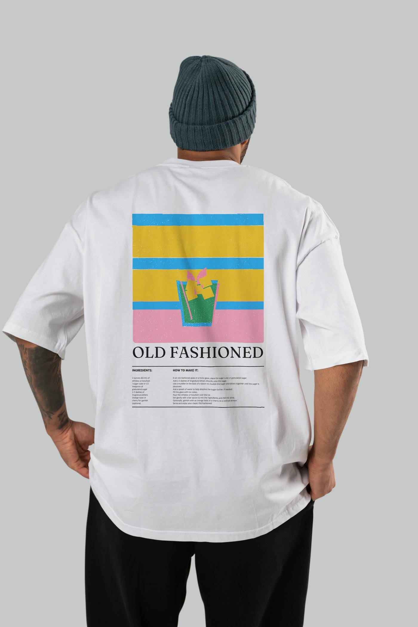 Old Fashioned Kokteyl Serisi Arka Baskılı Oversize t-shirt Erkek Kadın %100 Pamuk Bisiklet Yaka tişort
