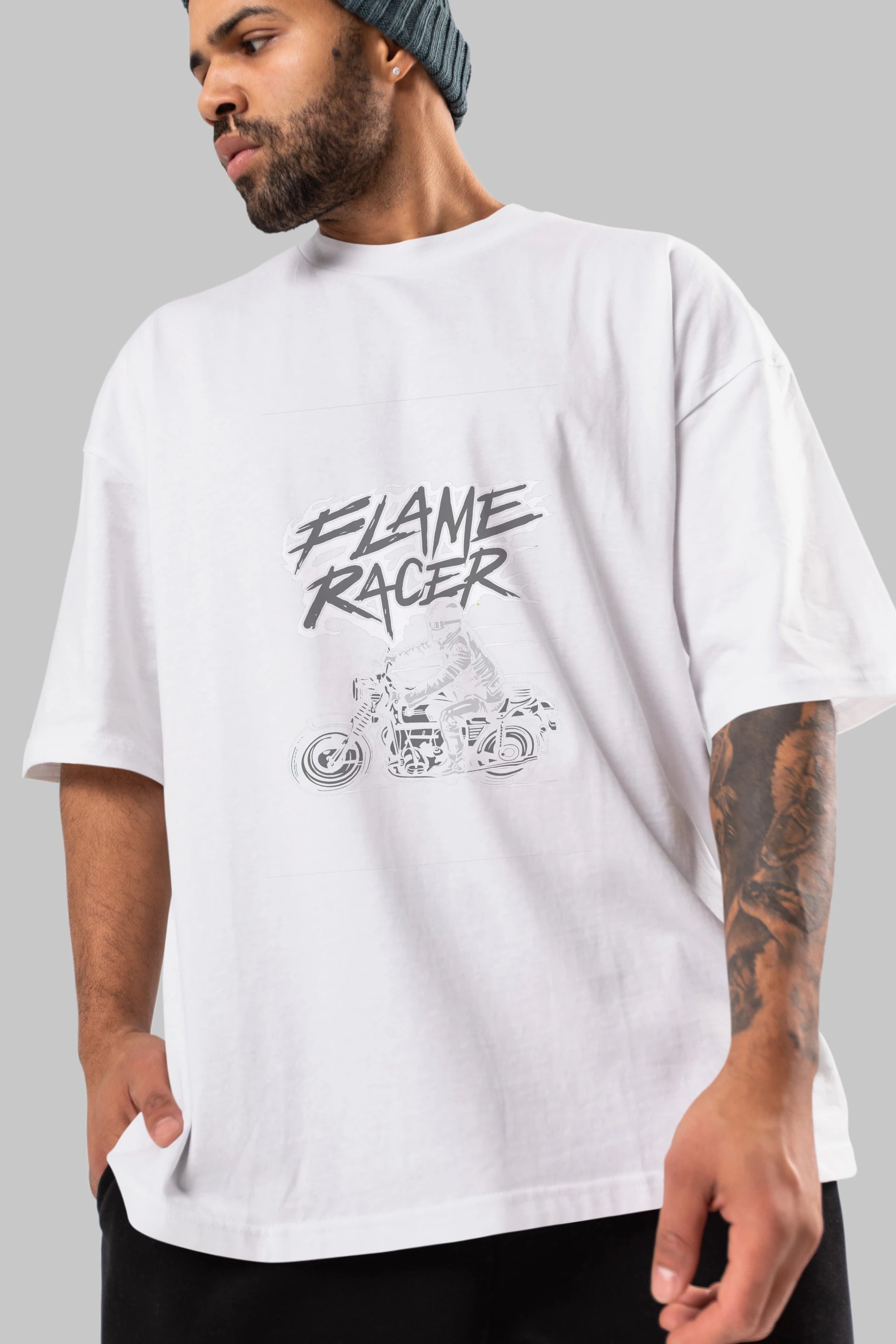 Flame Racer Ön Baskılı Oversize t-shirt Erkek Kadın Unisex %100 Pamuk tişort