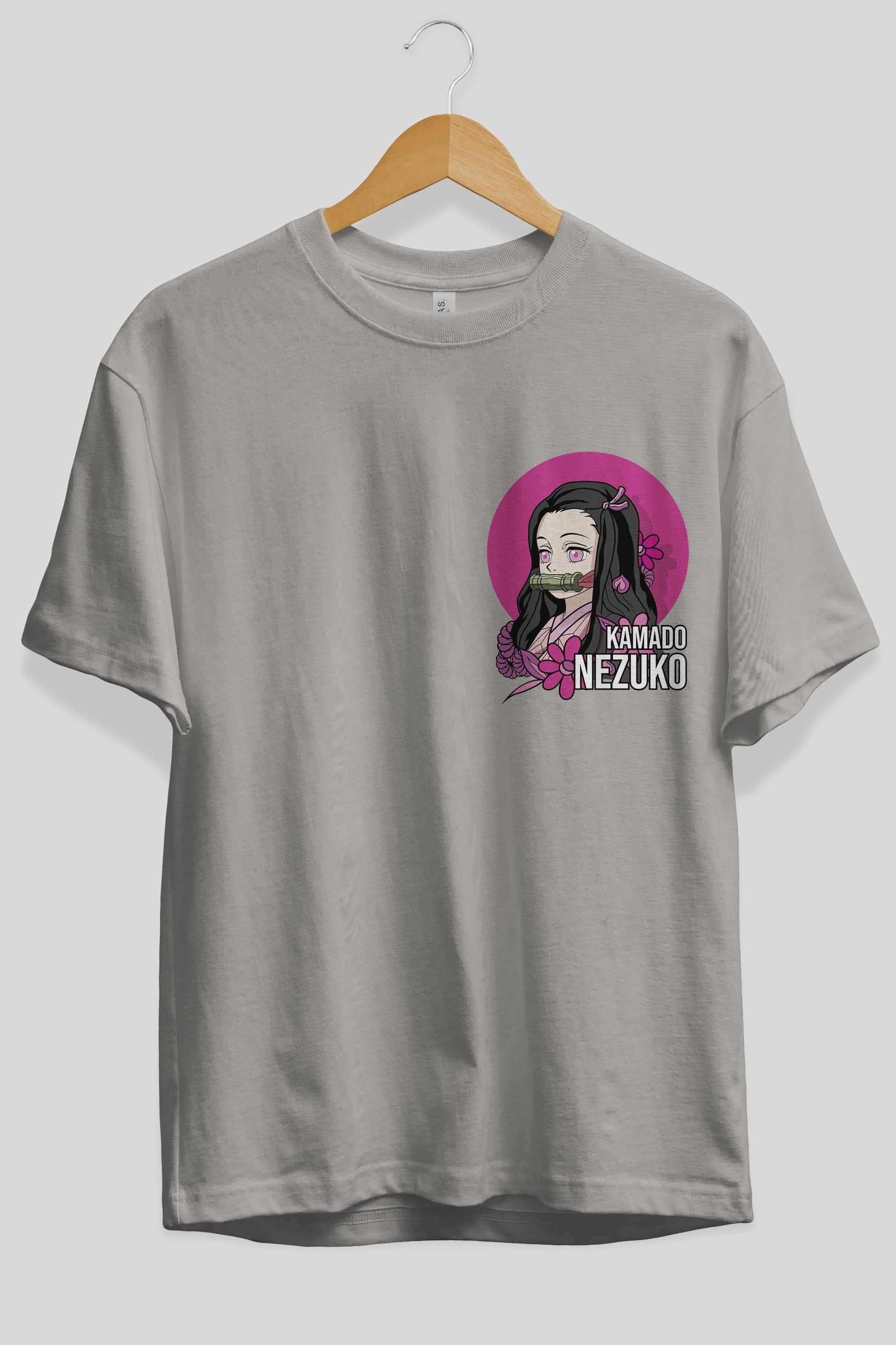 Nezuko Kamado 2 Ön Sol Baskılı Oversize t-shirt Erkek Kadın Unisex %100 Pamuk Bisiklet Yaka tişort