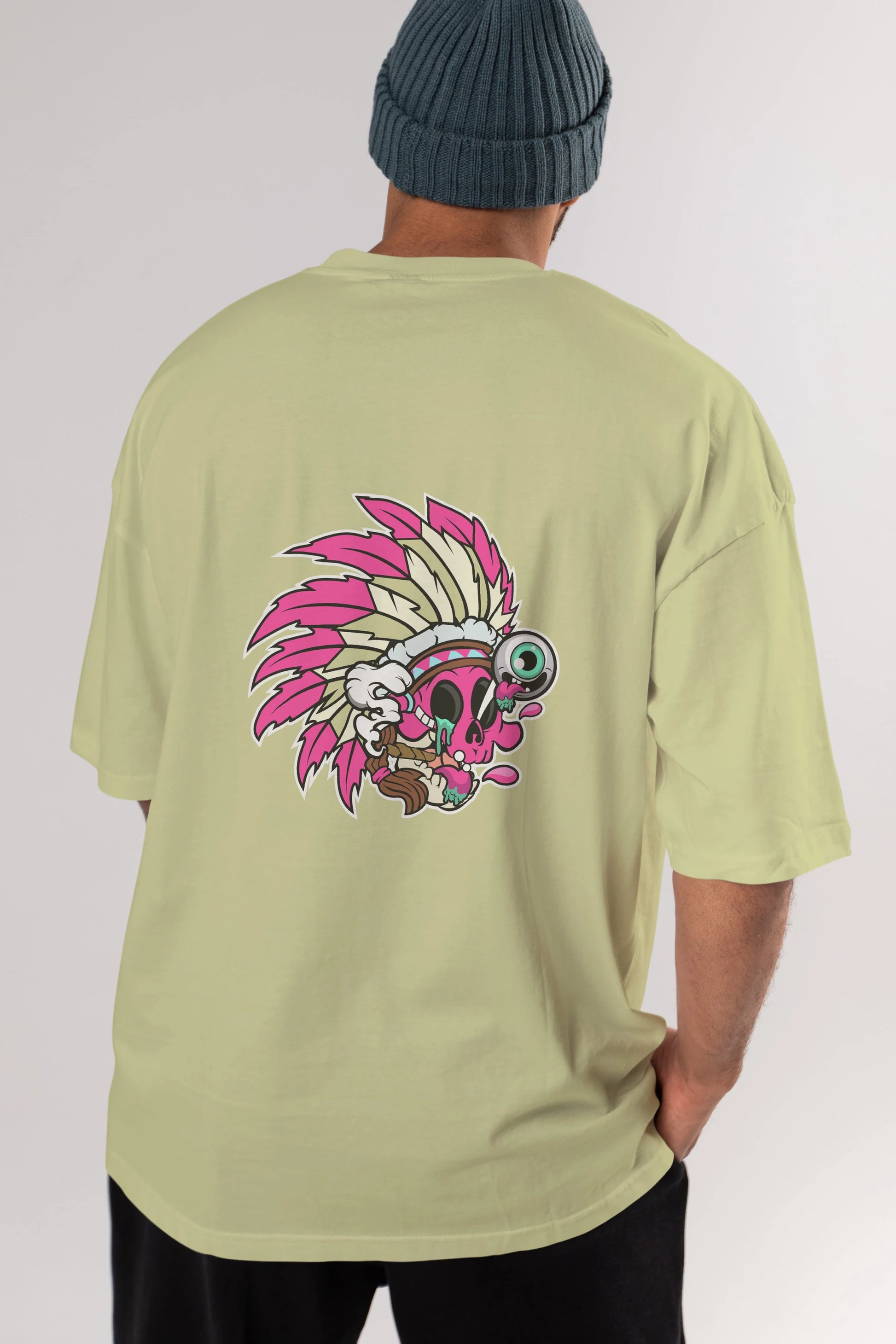 Skull Indian Arka Baskılı Oversize t-shirt Erkek Kadın Unisex %100 Pamuk tişort
