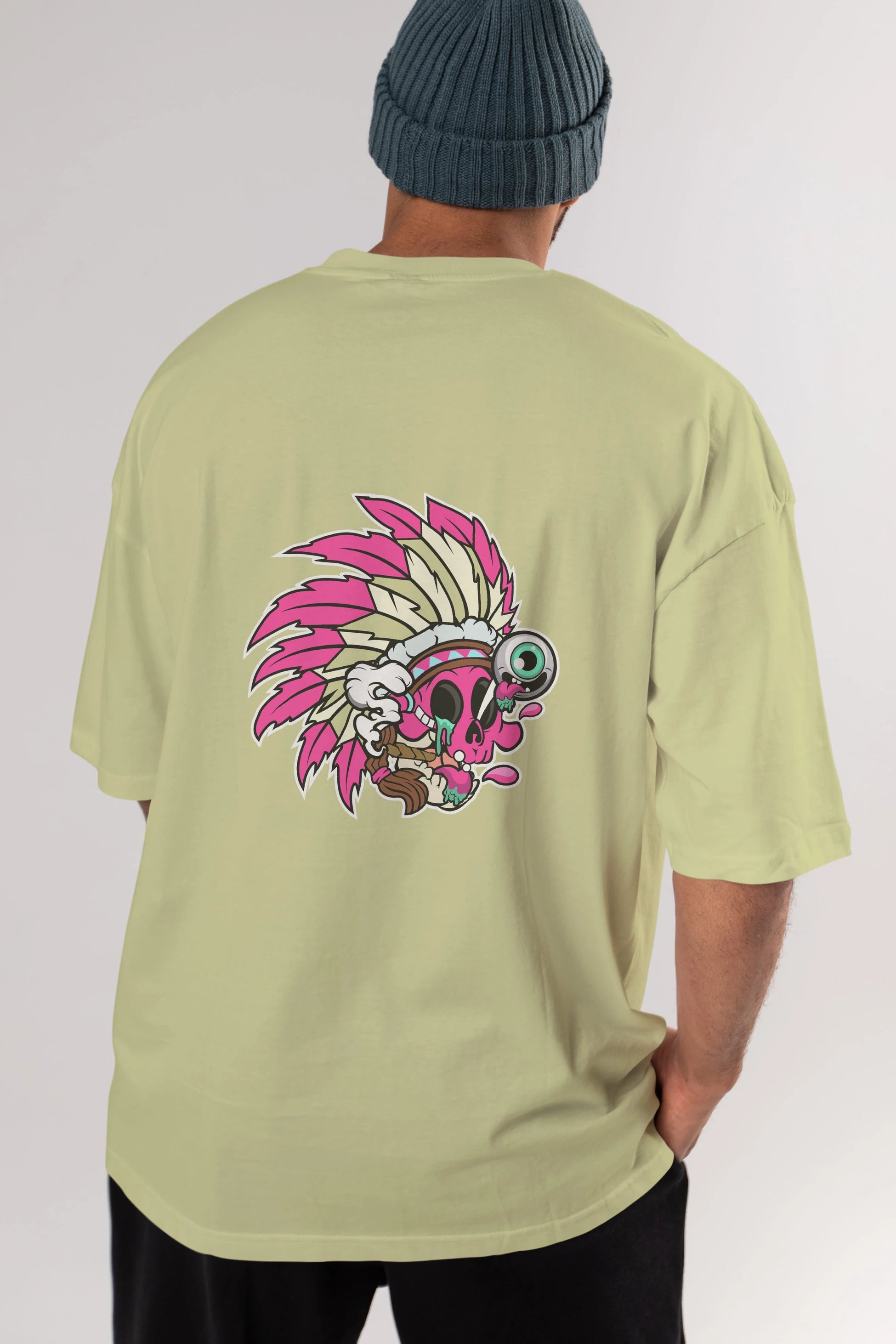 Skull Indian Arka Baskılı Oversize t-shirt Erkek Kadın Unisex %100 Pamuk tişort