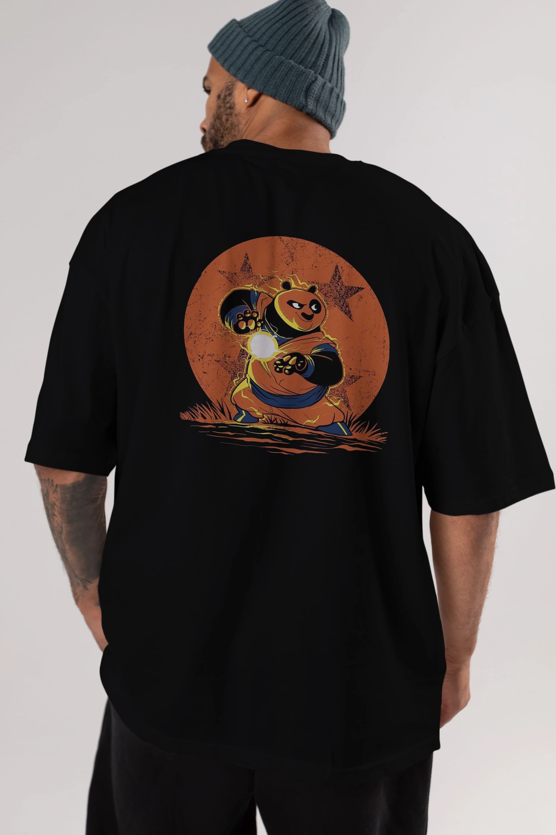 Kung Fu Panda Arka Baskılı Oversize t-shirt Erkek Kadın Unisex %100 Pamuk Bisiklet Yaka tişort
