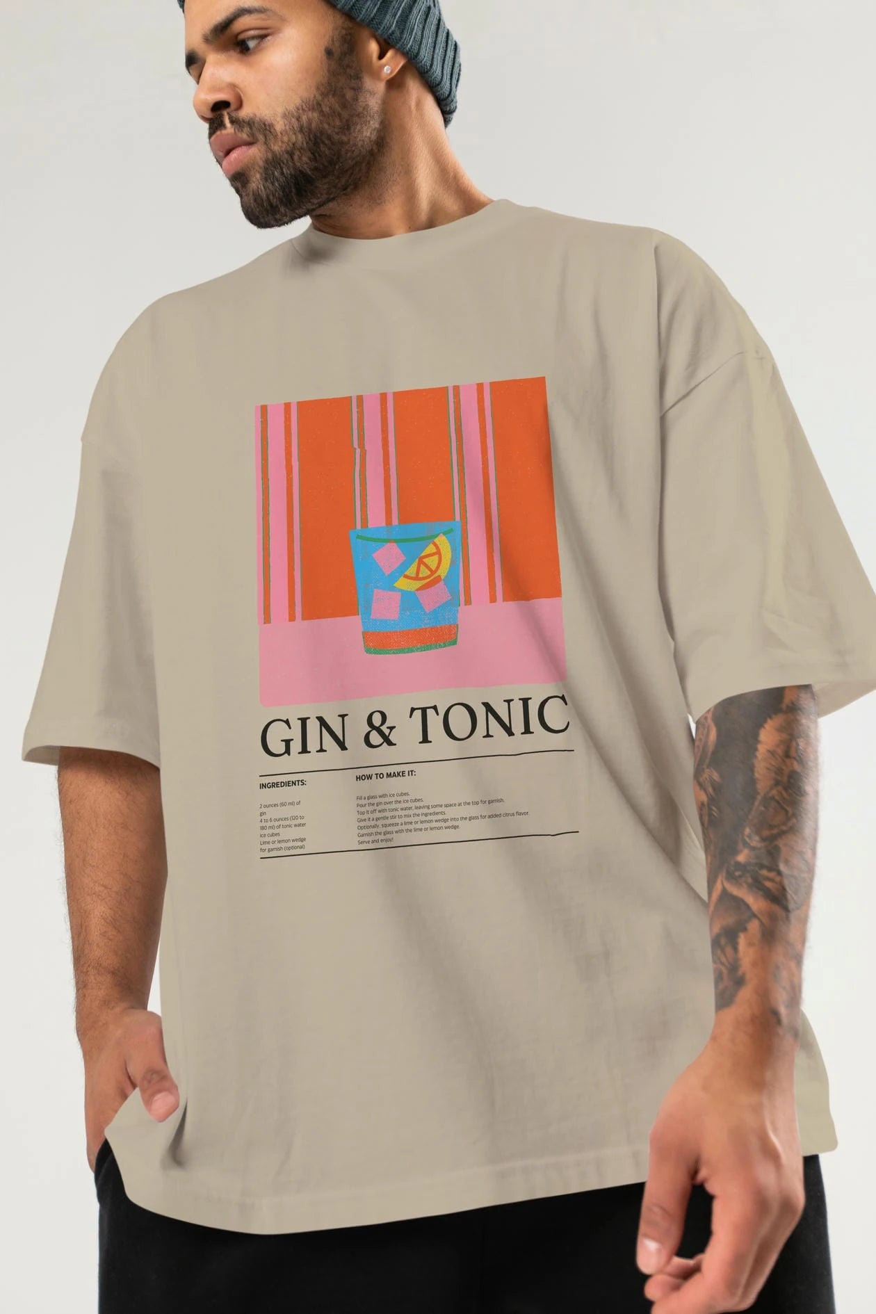 Gin tonic Kokteyl Ön Baskılı Oversize t-shirt Erkek Kadın %100 Pamuk Bisiklet Yaka tişort