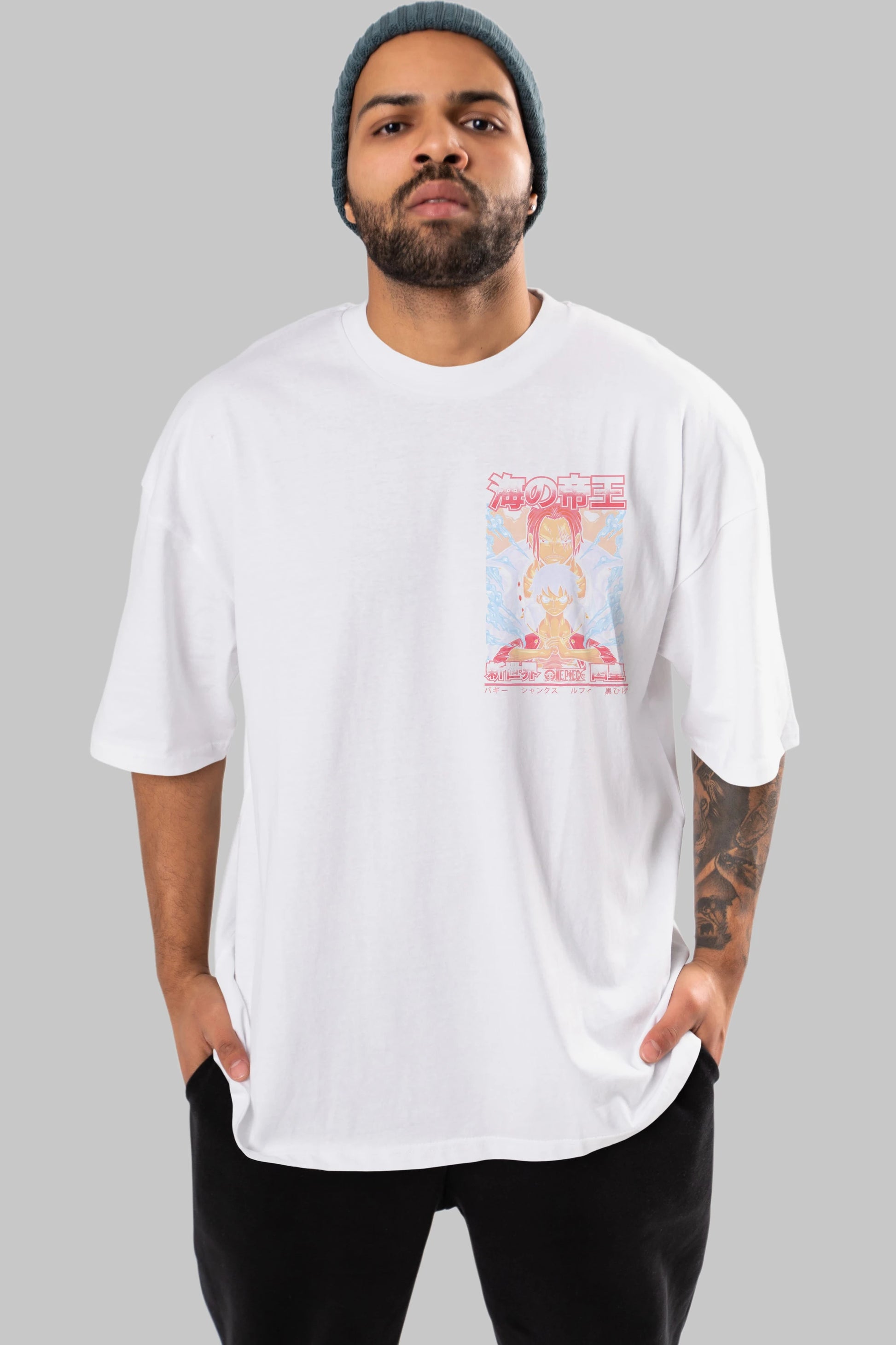 MONKEY D. LUFF and SHANKS Ön Sol Baskılı Oversize t-shirt Erkek Kadın Unisex %100 Pamuk Bisiklet Yaka tişort