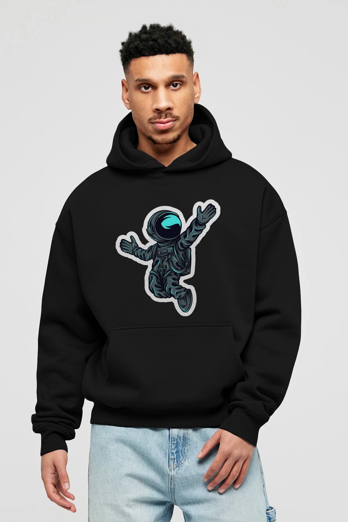 Happy Astronaut Sticker Ön Baskılı Hoodie Oversize Kapüşonlu Sweatshirt Erkek Kadın Unisex