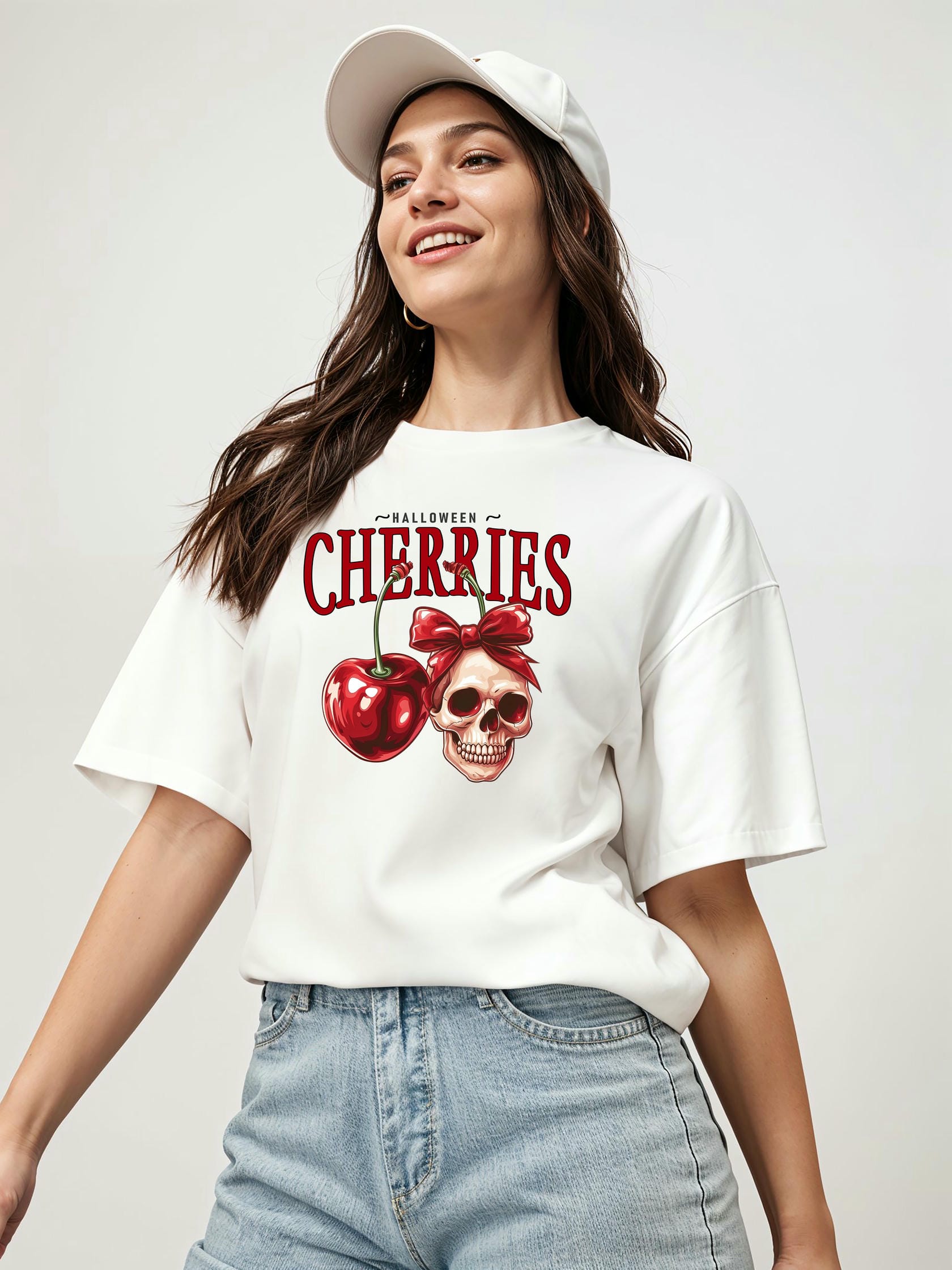 Cherry Cherries 1 Ön Baskılı Oversize t-shirt Erkek Kadın Pamuk Bisiklet Yaka tişort