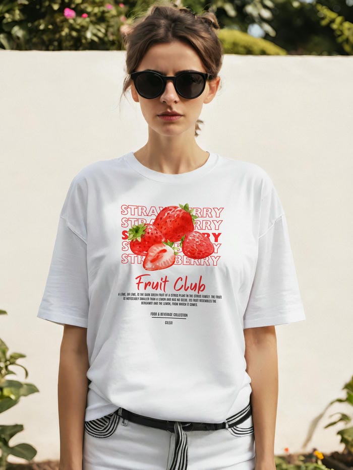 Strawberry Ön Baskılı Oversize t-shirt Erkek Kadın Pamuk Bisiklet Yaka tişort
