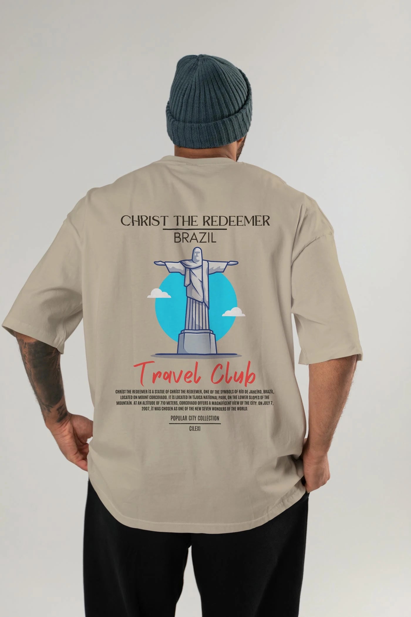 Christ The Redeemer Brazil Arka Baskılı Oversize t-shirt Erkek Kadın Pamuk Bisiklet Yaka tişort