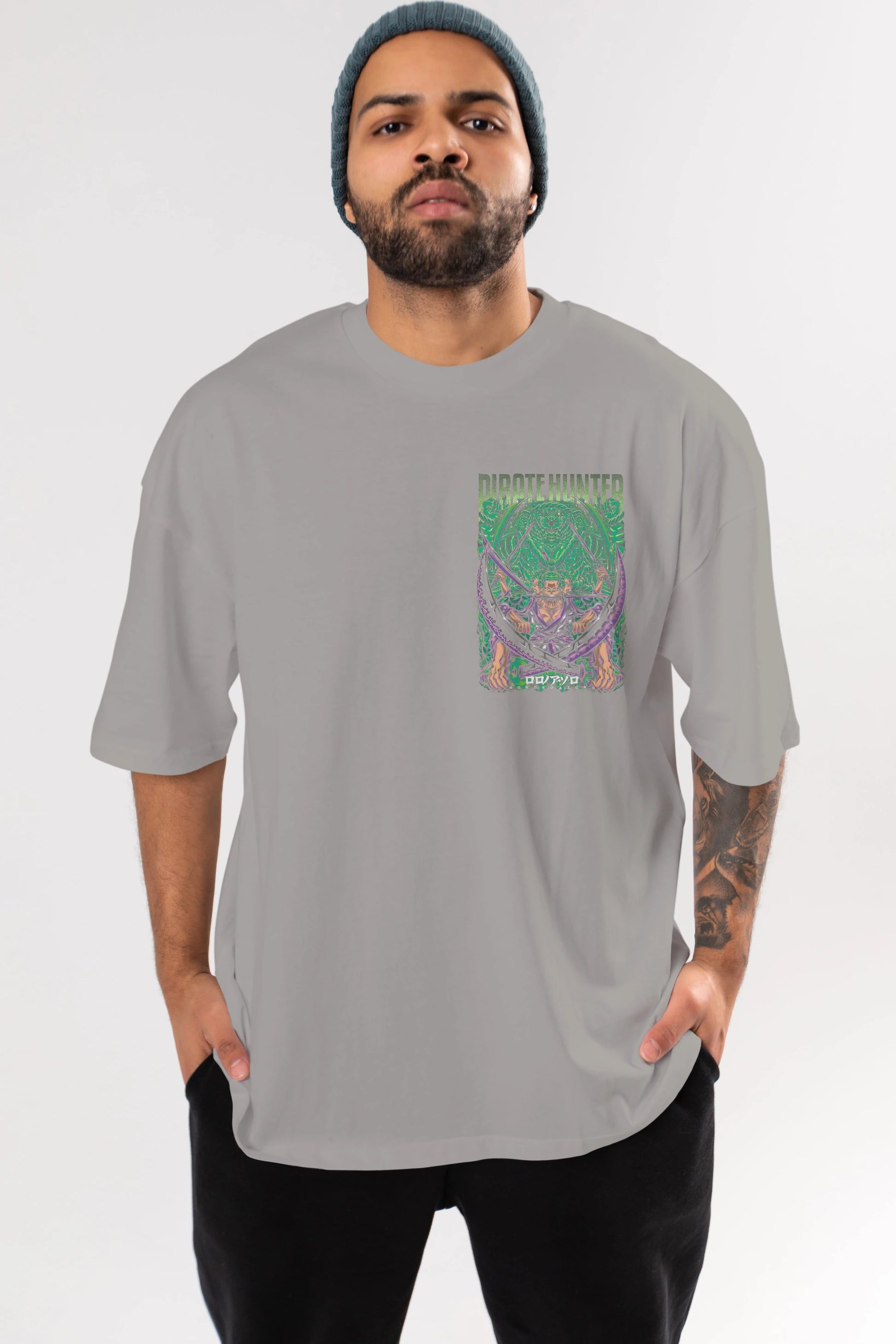 RORONOA ZORO 3 Ön Sol Baskılı Oversize t-shirt Erkek Kadın Unisex %100 Pamuk Bisiklet Yaka tişort