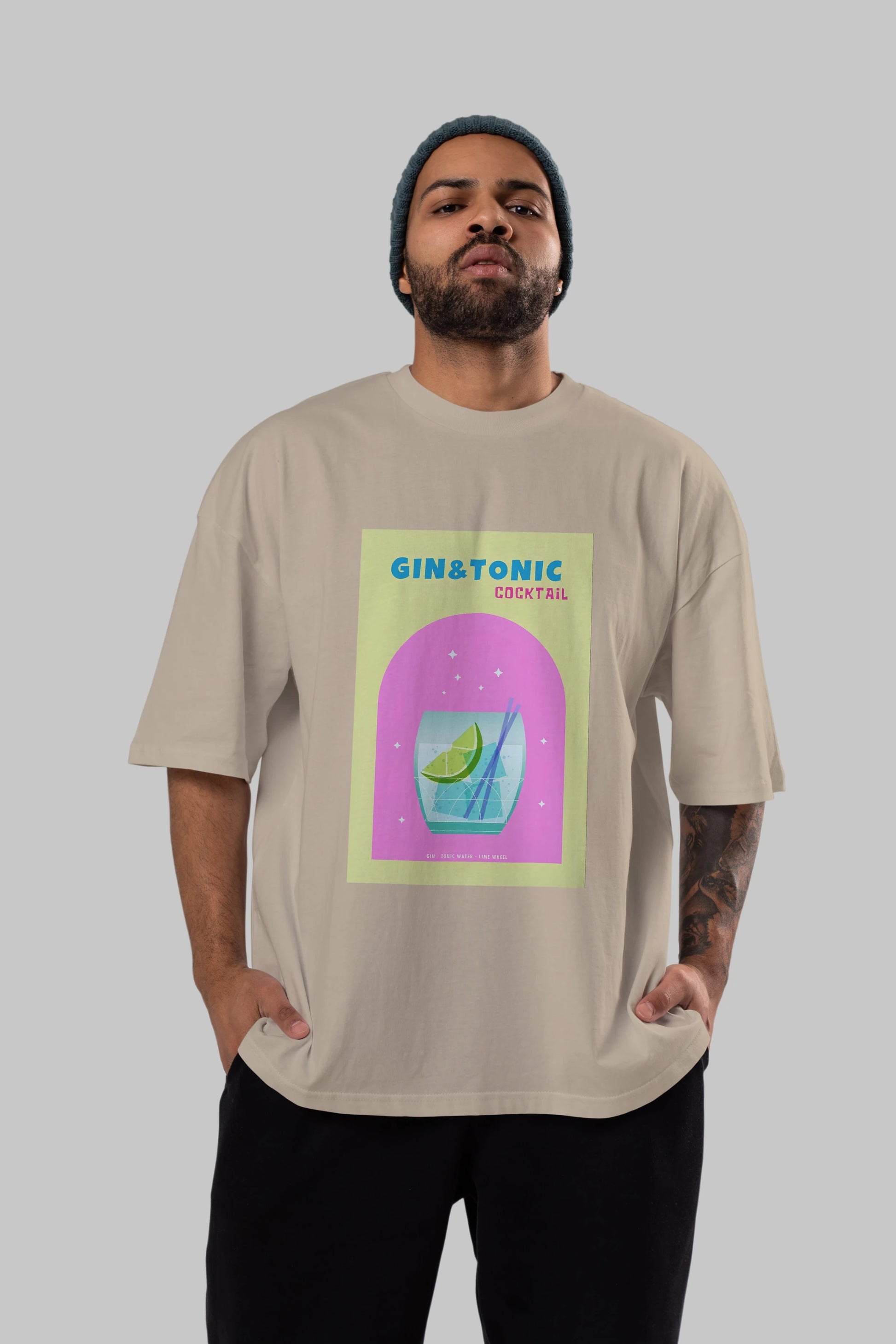 Gin Tonic Cocktail Ön Baskılı Oversize t-shirt Erkek Kadın Unisex %100 Pamuk Bisiklet Yaka tişort