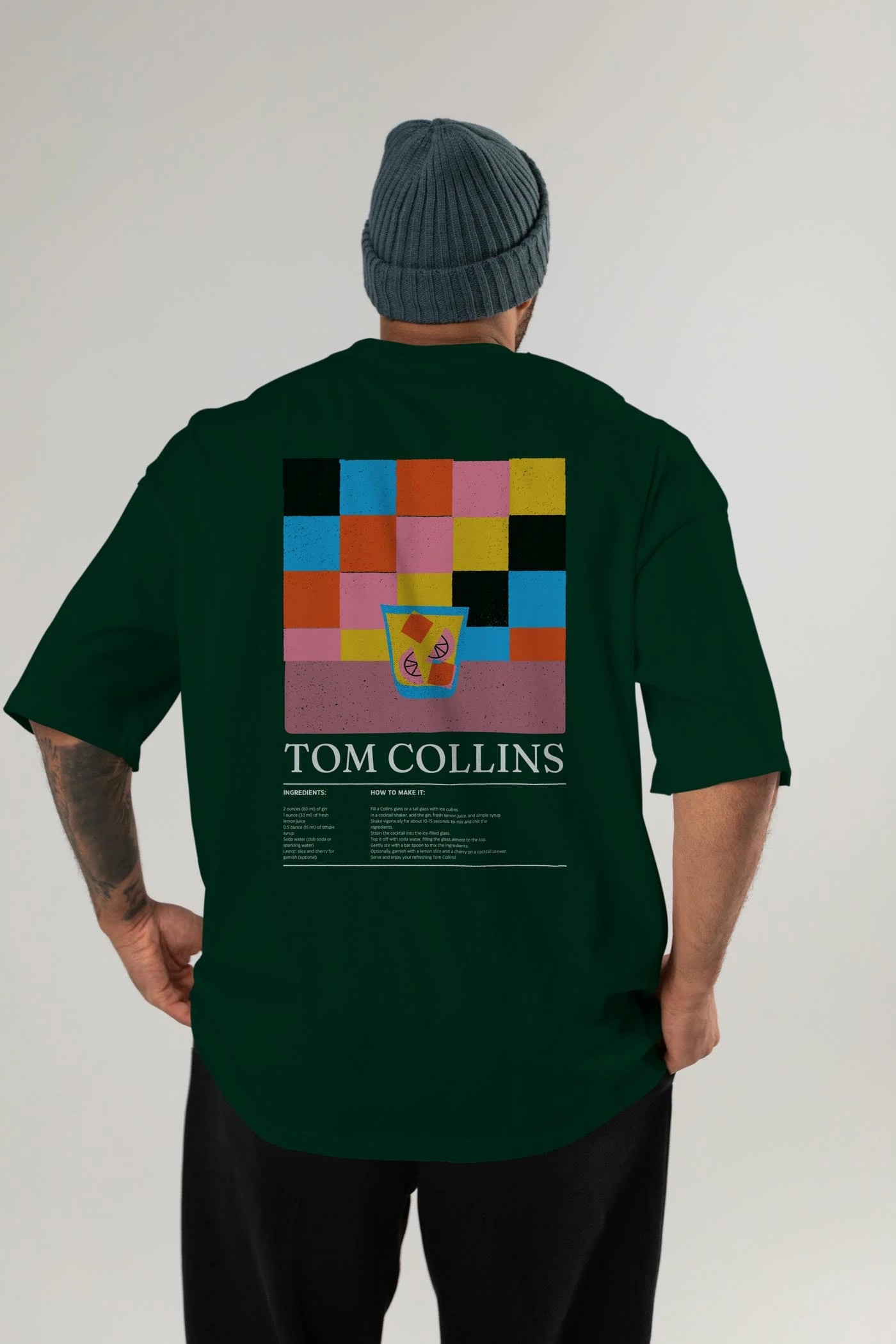 Tom Collins Kokteyl Serisi Arka Baskılı Oversize t-shirt Erkek Kadın %100 Pamuk Bisiklet Yaka tişort
