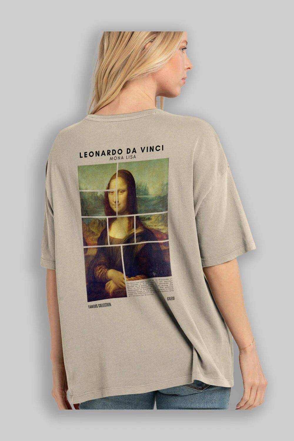 Leonardo Da Vinci Mona Lisa Arka Baskılı Oversize t-shirt Erkek Kadın Bisiklet Yaka Pamuk tişort
