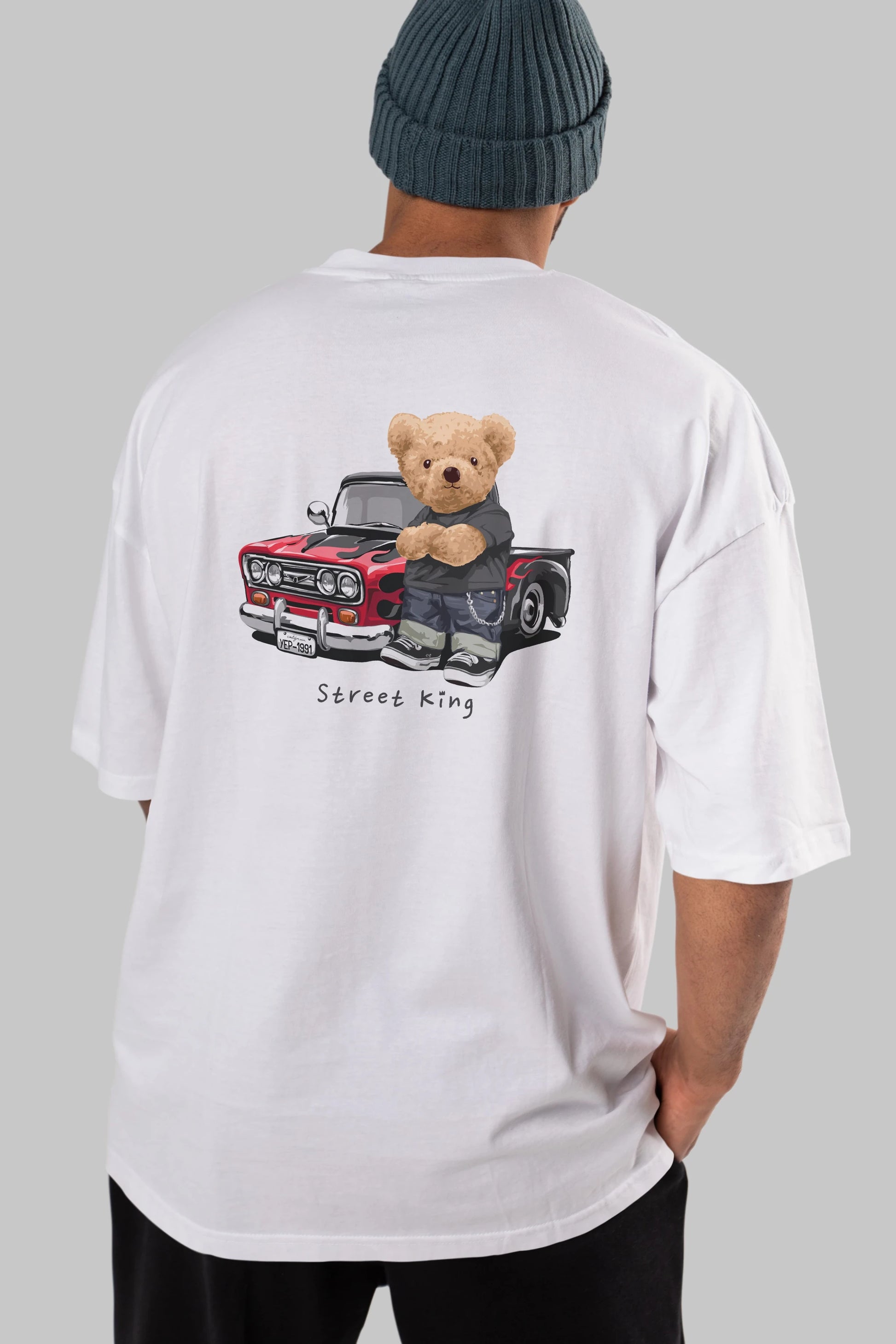 Teddy Bear Street King Arka Baskılı Oversize t-shirt Erkek Kadın Unisex %100 Pamuk
