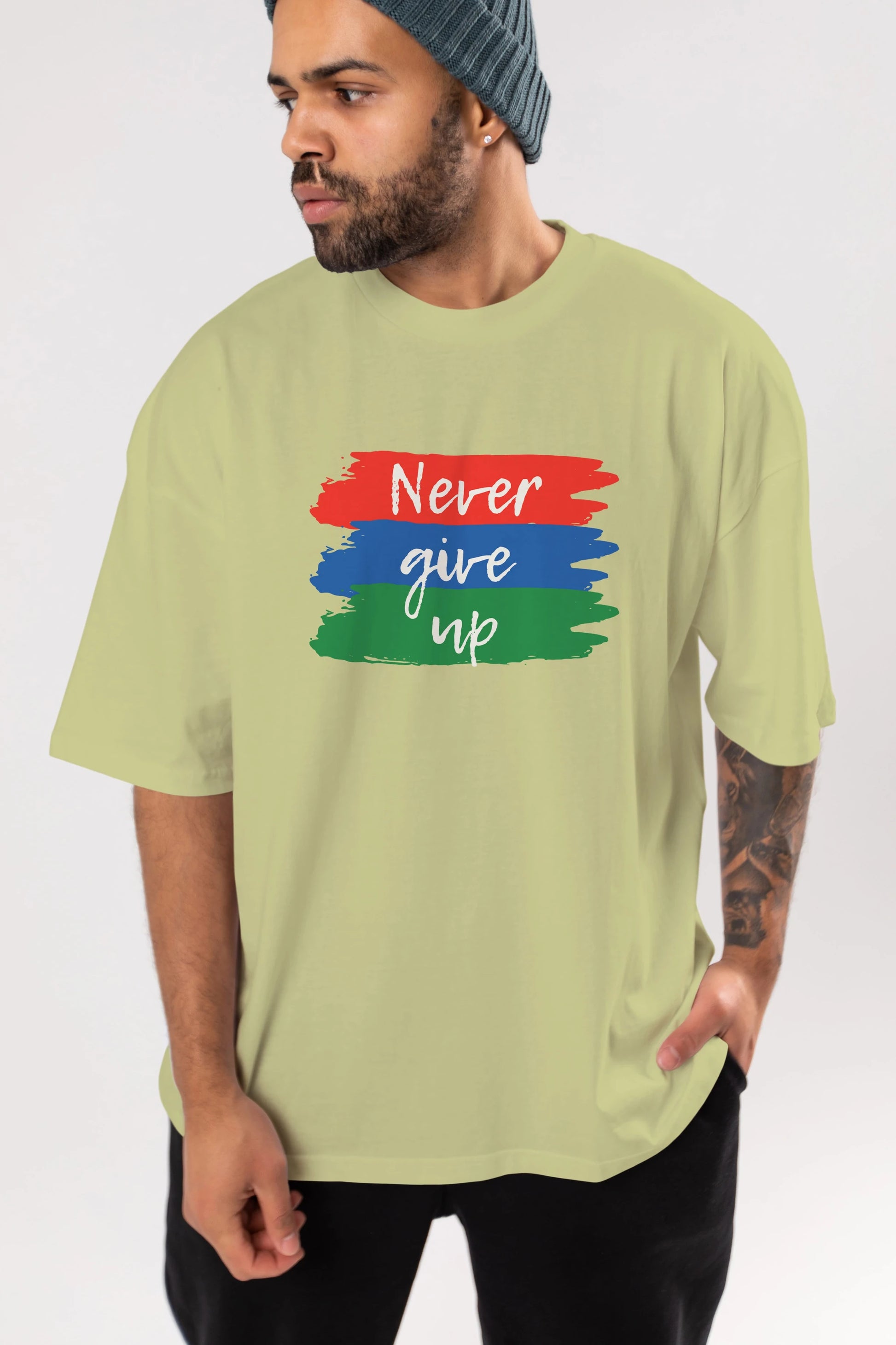 Never Give Up Yazılı Ön Baskılı Oversize t-shirt Erkek Kadın Unisex