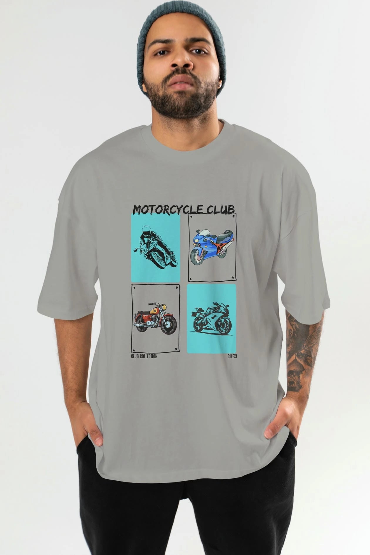 Motorcycle Club ön Baskılı Oversize t-shirt Erkek Kadın %100 Pamuk Bisiklet Yaka tişort