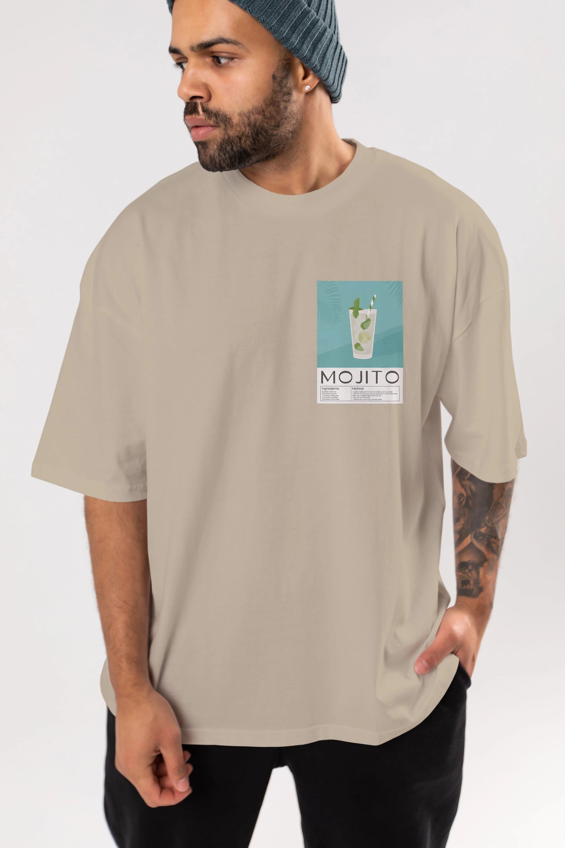 Mojito 4 Ön Sol Baskılı Oversize t-shirt Erkek Kadın Unisex %100 Pamuk Bisiklet Yaka tişort