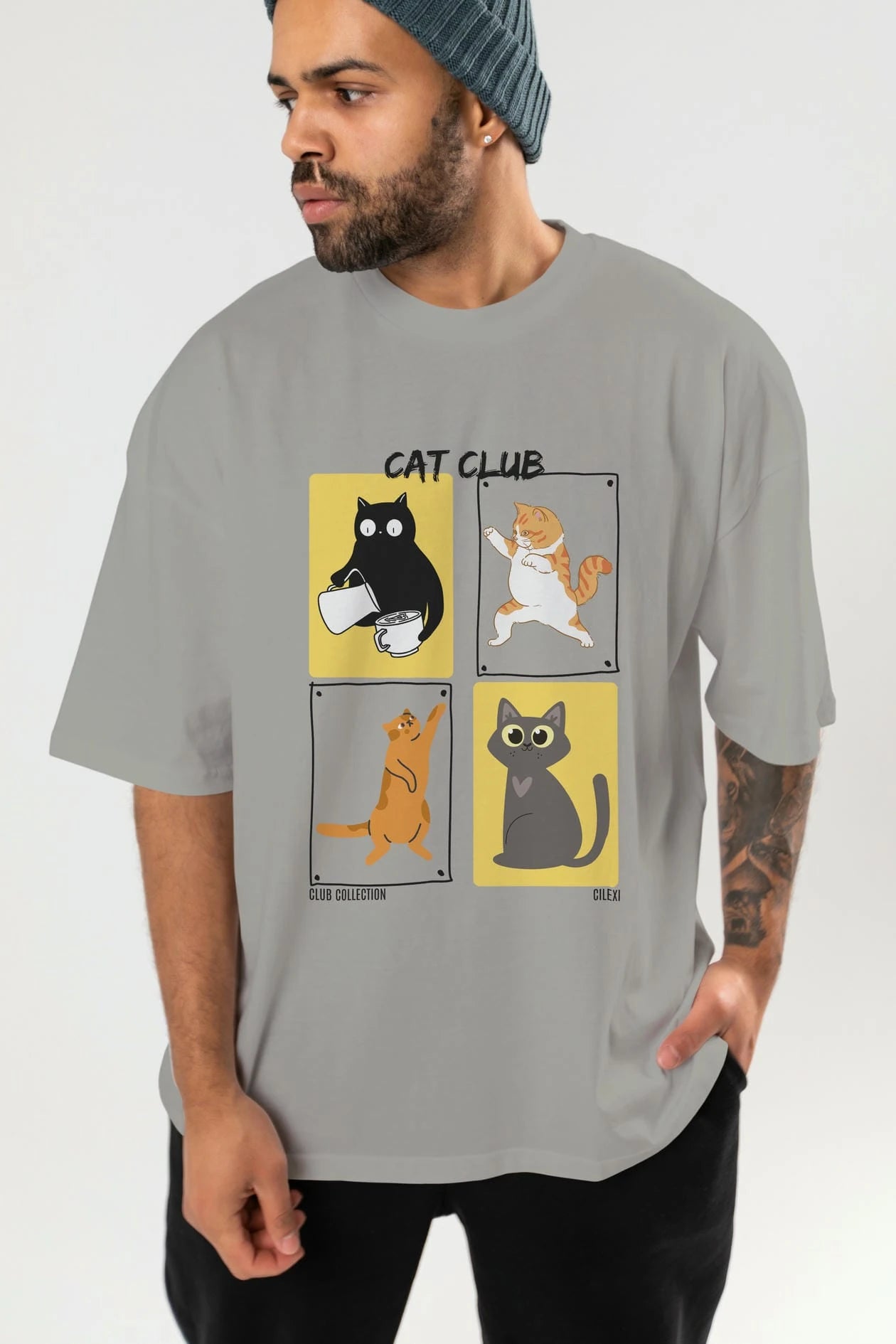 Cat Club ön Baskılı Oversize t-shirt Erkek Kadın %100 Pamuk Bisiklet Yaka tişort