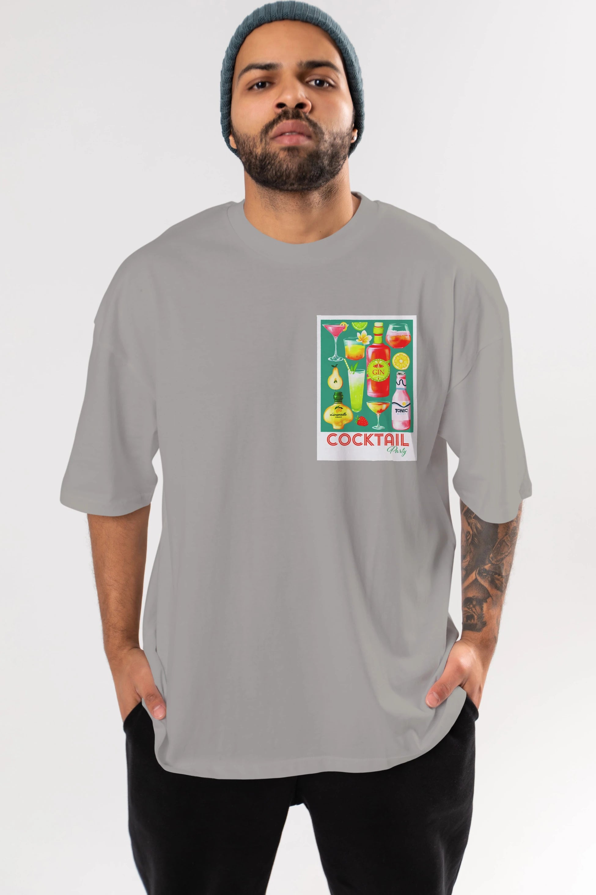 Cocktail Party 2 Ön Sol Baskılı Oversize t-shirt Erkek Kadın Unisex %100 Pamuk Bisiklet Yaka tişort