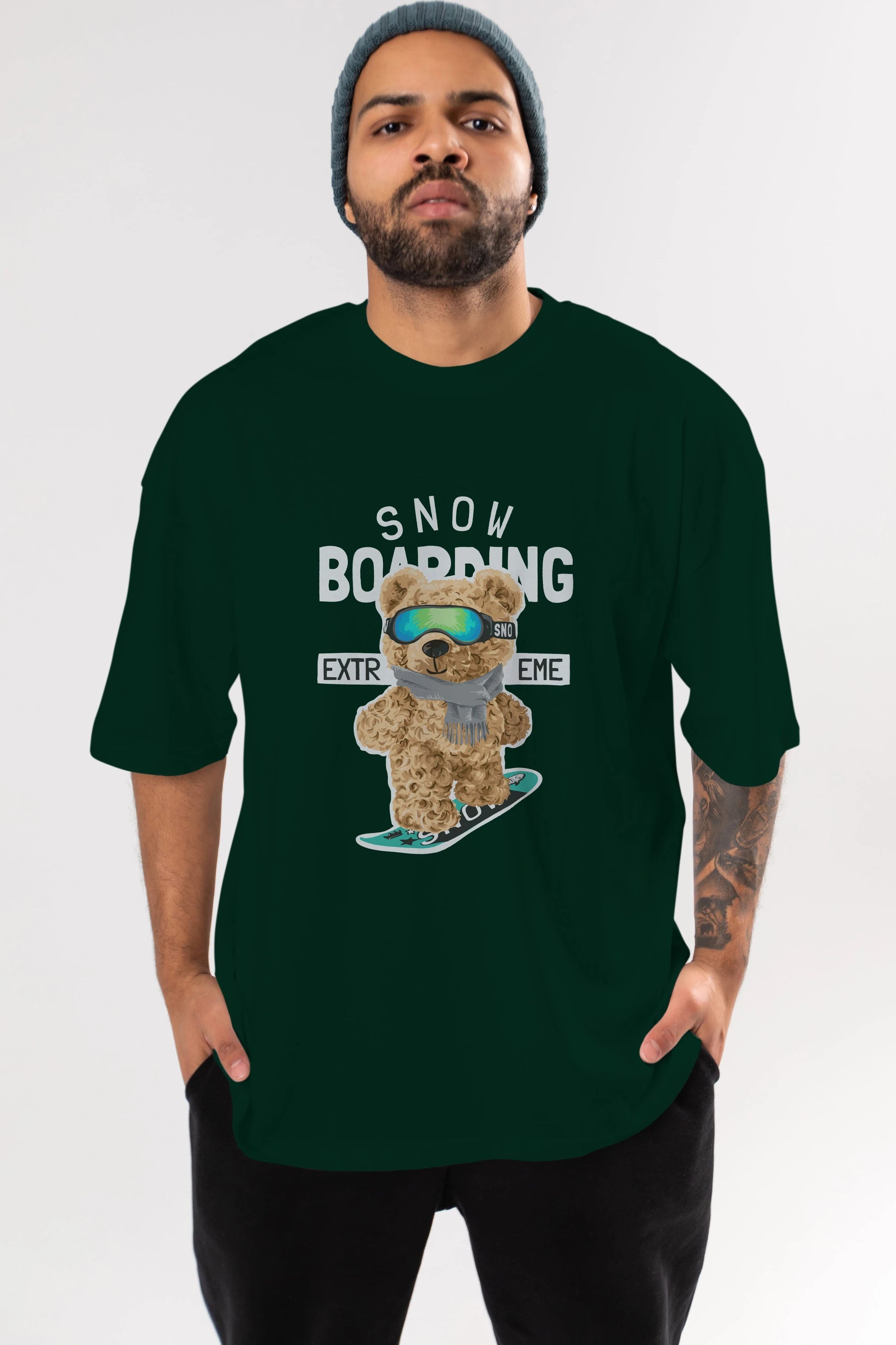 Teddy Bear Snow Boarding Ön Baskılı Oversize t-shirt Erkek Kadın Unisex %100 Pamuk