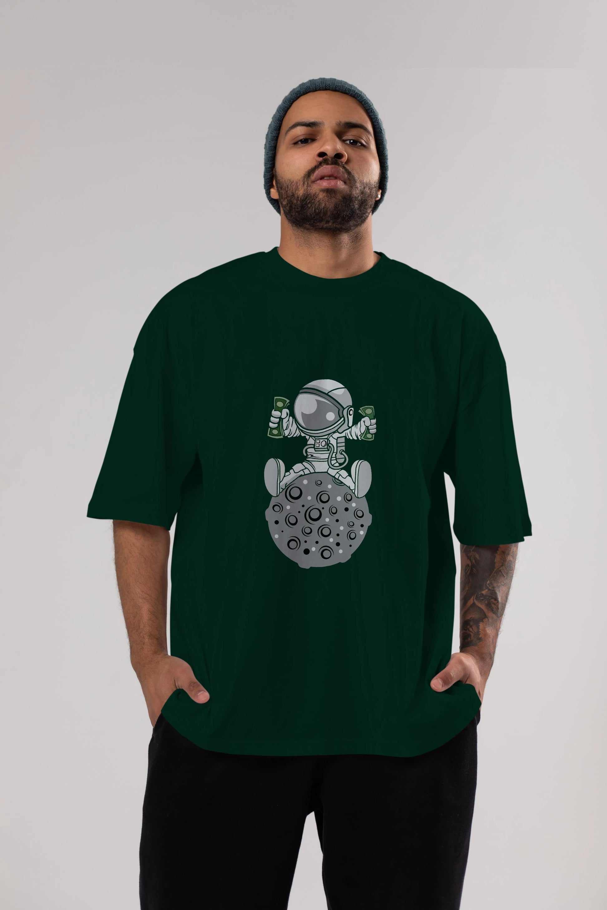 Astronaut Dollar Ön Baskılı Oversize t-shirt Erkek Kadın Unisex %100 Pamuk tişort