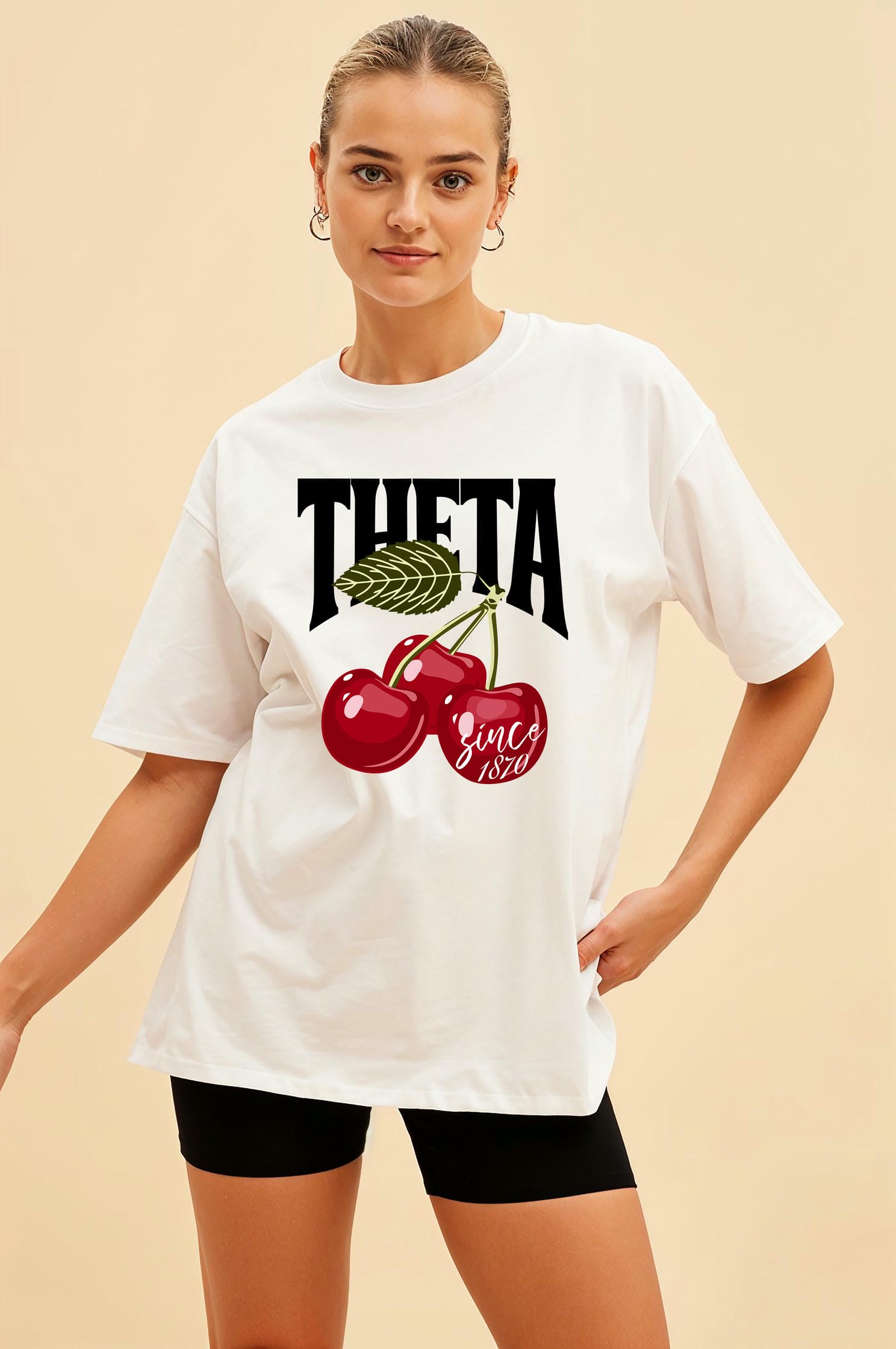 Theta Cherry Cherries Ön Baskılı Oversize t-shirt Erkek Kadın Pamuk Bisiklet Yaka tişort