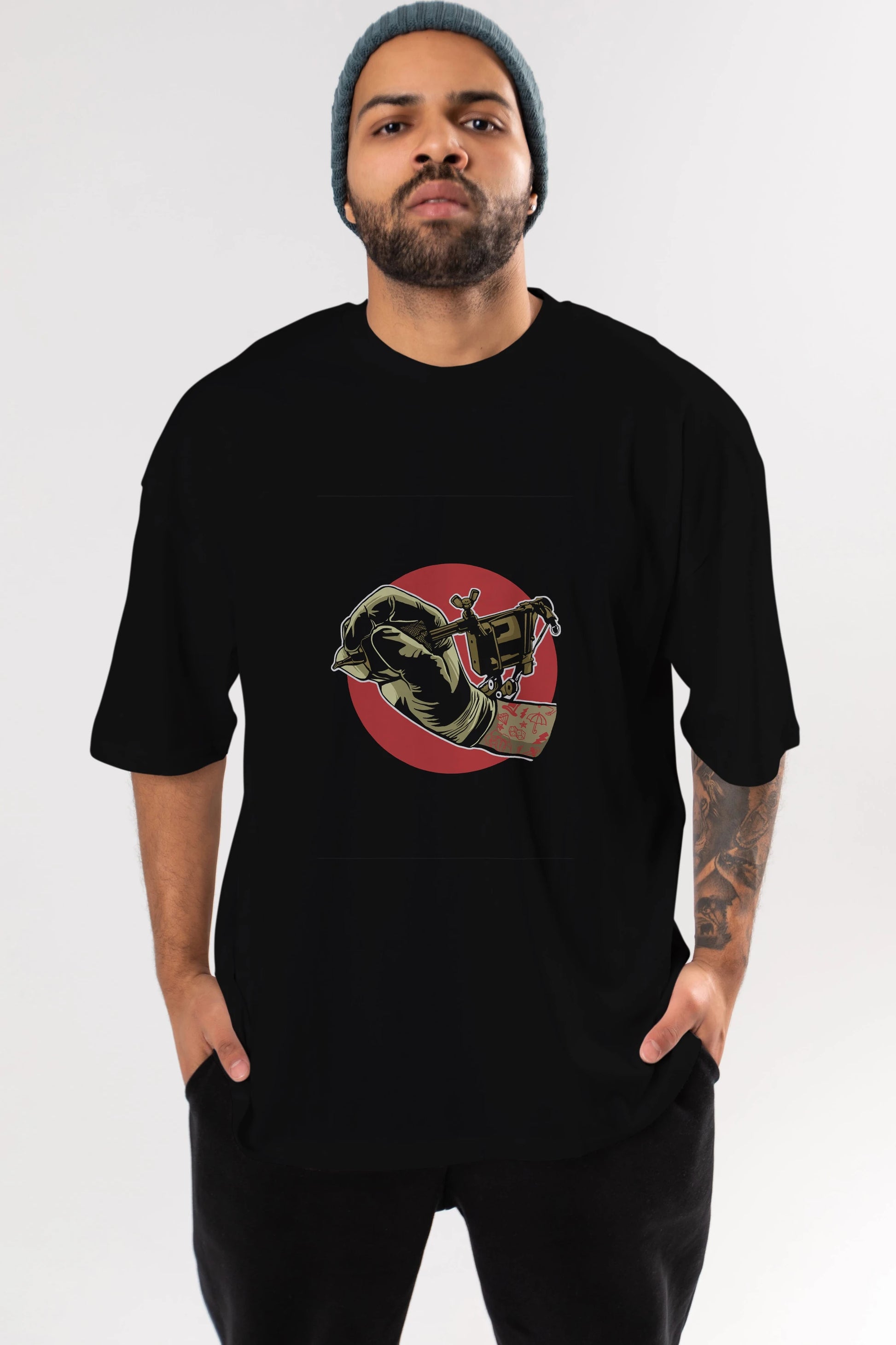 Tattoo Machine ] Ön Baskılı Oversize t-shirt Erkek Kadın Unisex %100 Pamuk tişort