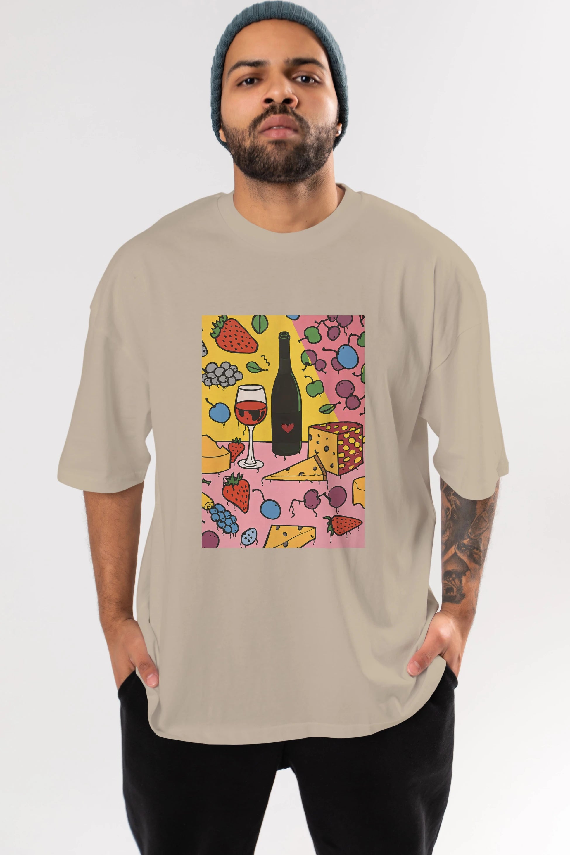 Wine Cheese Fruits Ön Baskılı Oversize t-shirt Erkek Kadın Unisex %100 Pamuk Bisiklet Yaka tişort