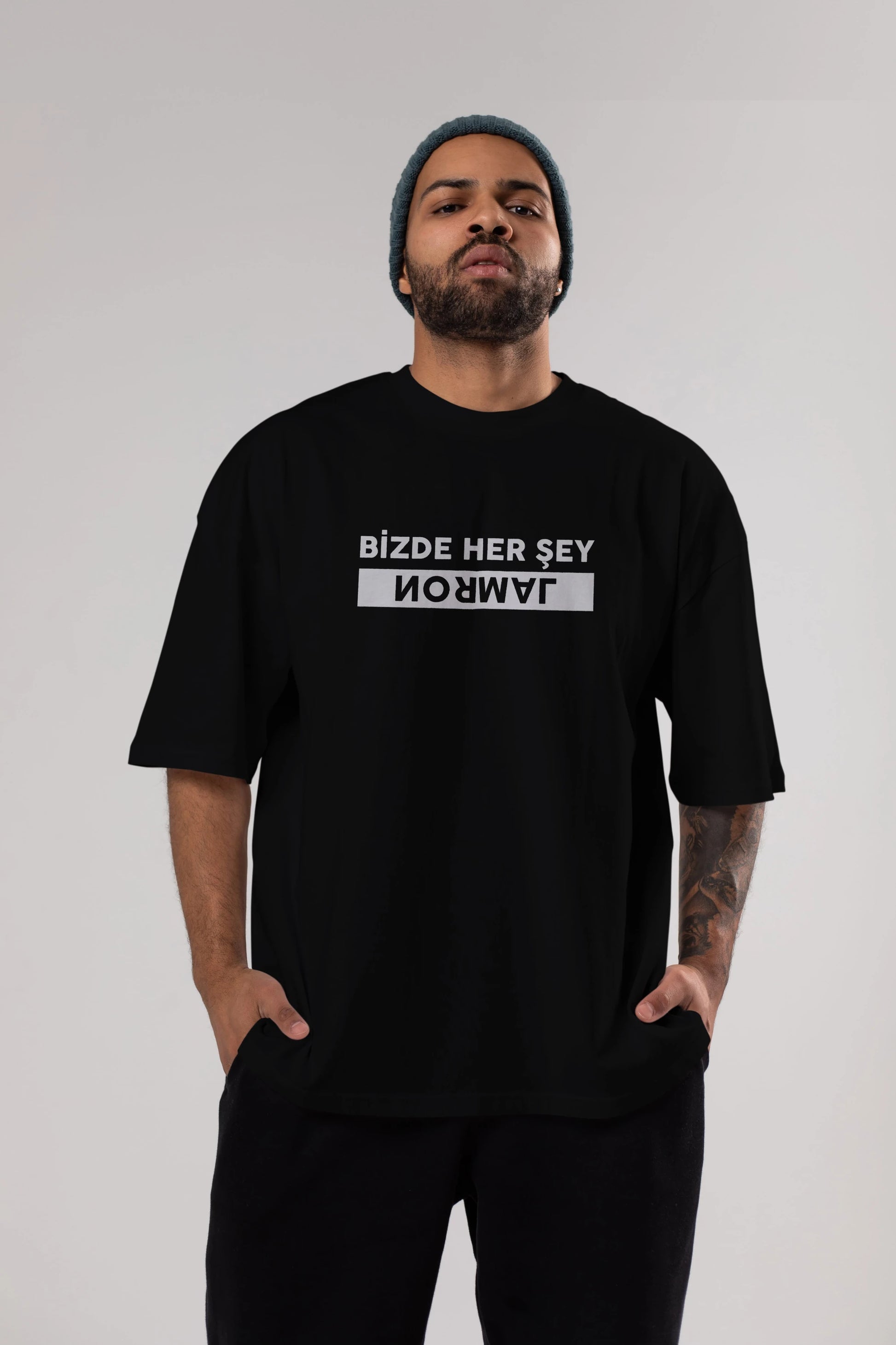Bizde Her Şey Normal Ön Baskılı Oversize t-shirt %100 pamuk Erkek Kadın Unisex