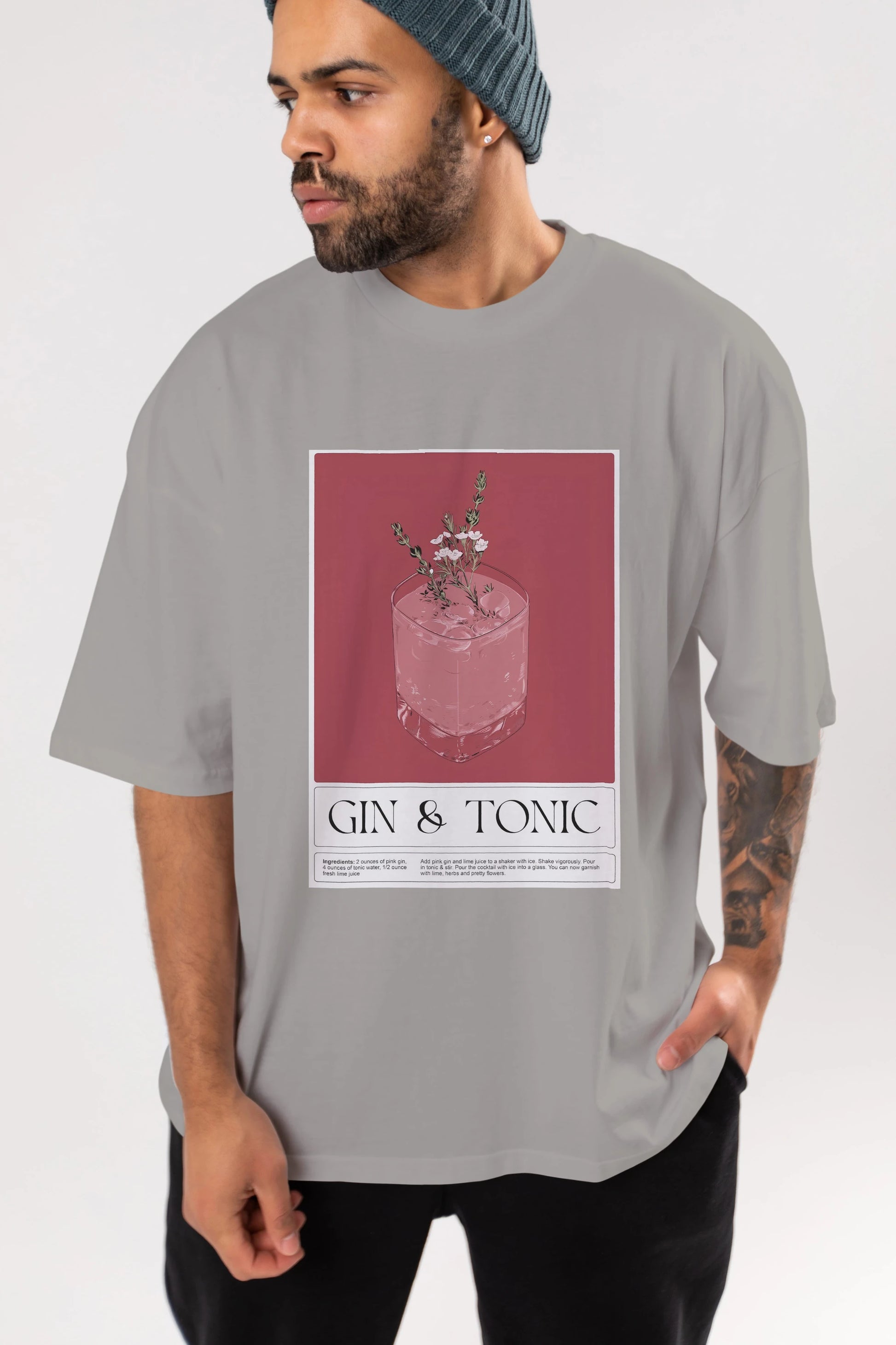 Gin Tonic 4 Ön Baskılı Oversize t-shirt Erkek Kadın Unisex %100 Pamuk Bisiklet Yaka tişort