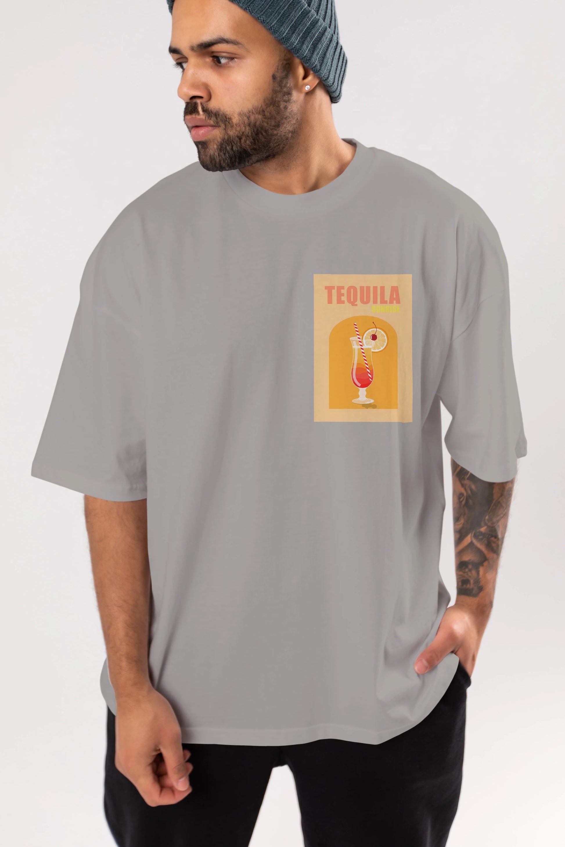 Tequila Sunrise Ön Sol Baskılı Oversize t-shirt Erkek Kadın Unisex %100 Pamuk Bisiklet Yaka tişort
