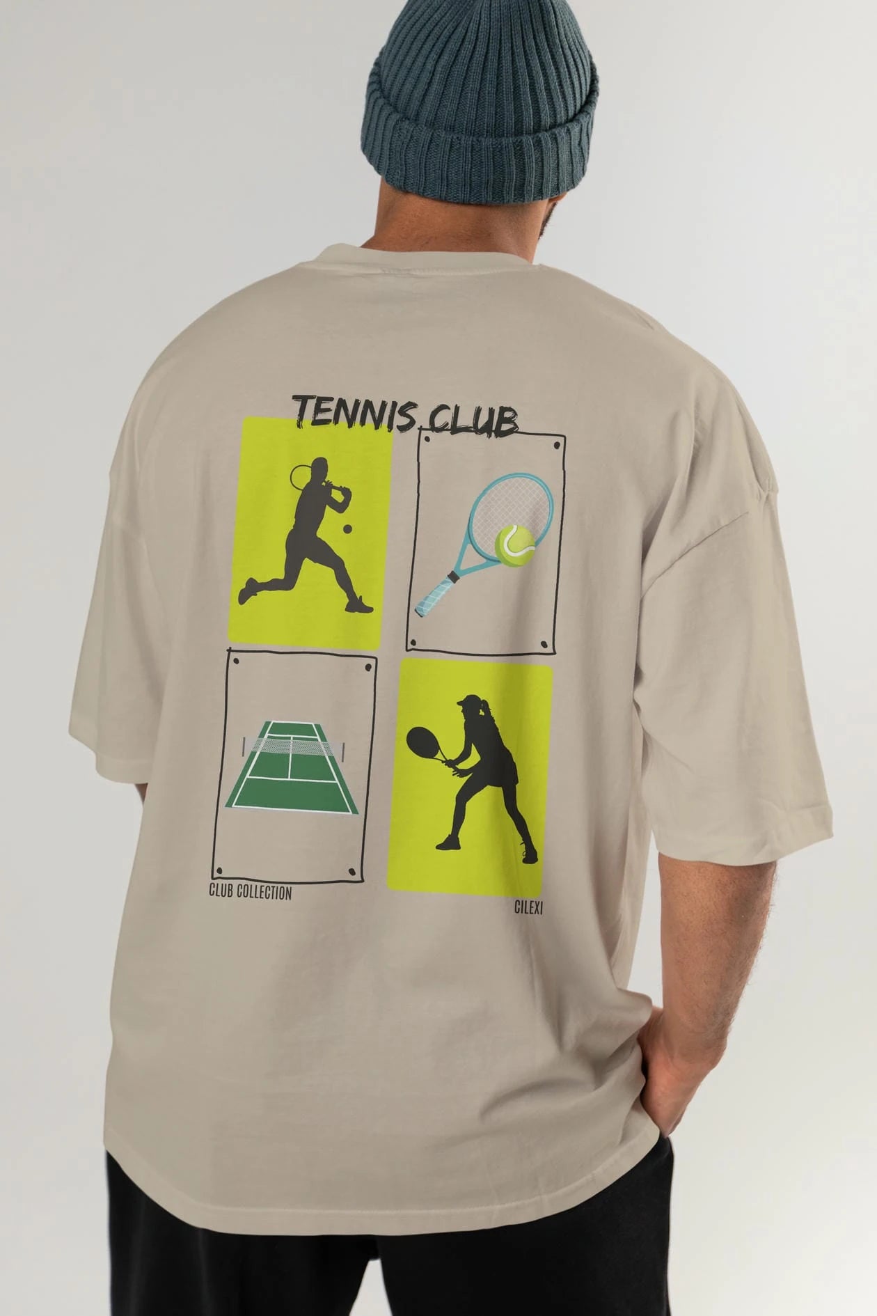 Tennis Club Arka Baskılı Oversize t-shirt Erkek Kadın %100 Pamuk Bisiklet Yaka tişort