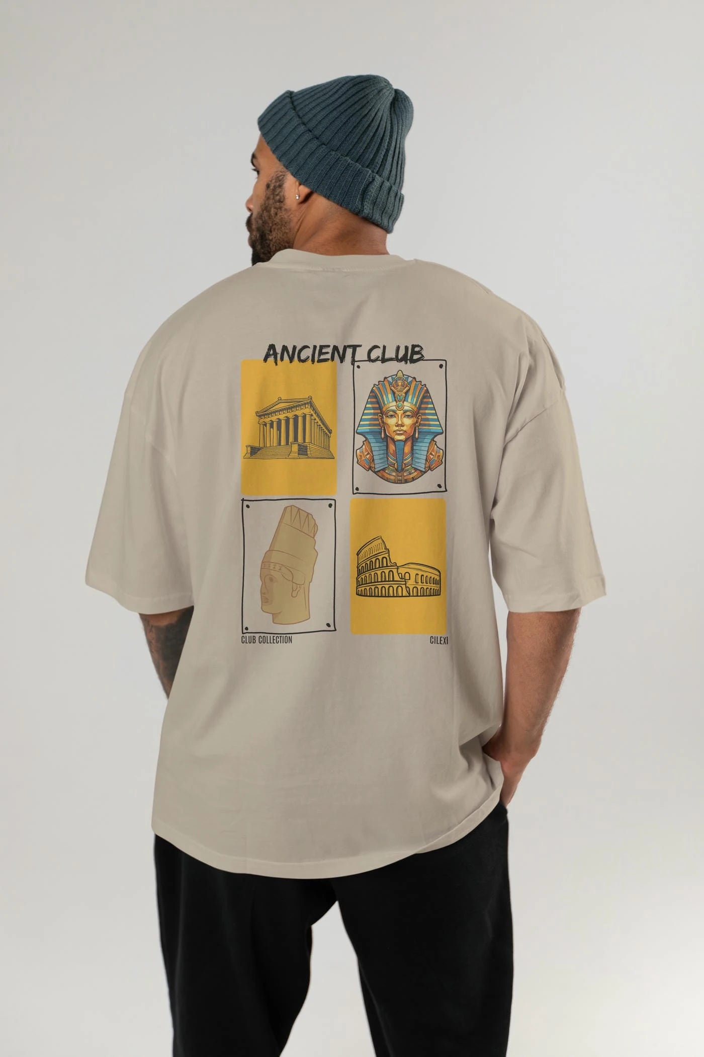 Ancient Club Arka Baskılı Oversize t-shirt Erkek Kadın %100 Pamuk Bisiklet Yaka tişort