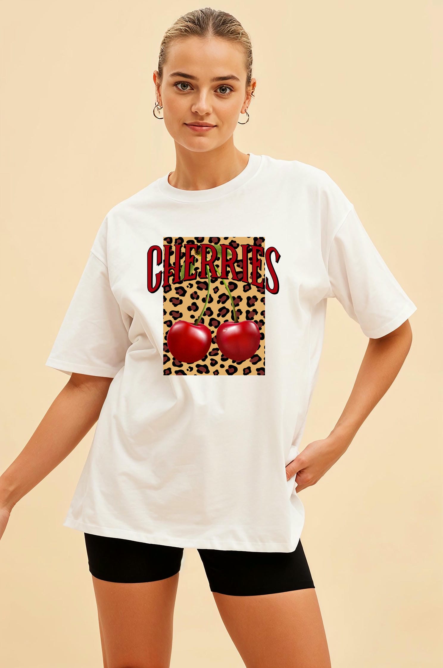 Cherry Cherries 6 Ön Baskılı Oversize t-shirt Erkek Kadın Pamuk Bisiklet Yaka tişort