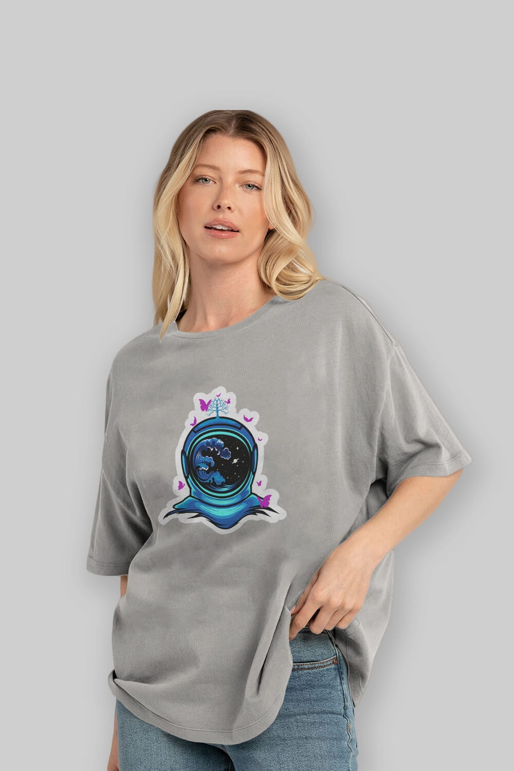 Astronaut and Butterfly Sticker Ön Baskılı Oversize t-shirt Erkek Kadın Unisex