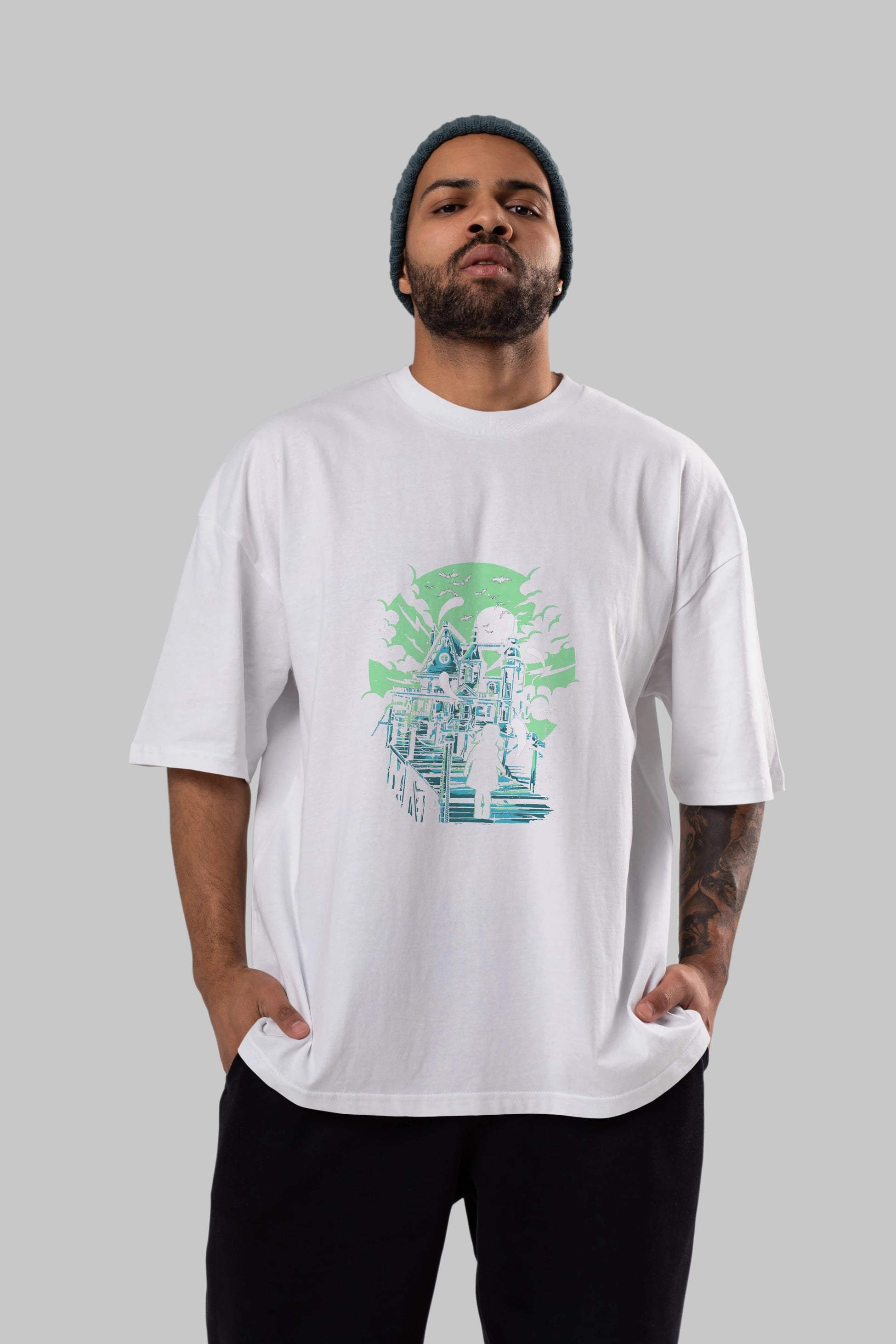 Haunted House Ön Baskılı Oversize t-shirt Erkek Kadın Unisex %100 Pamuk tişort