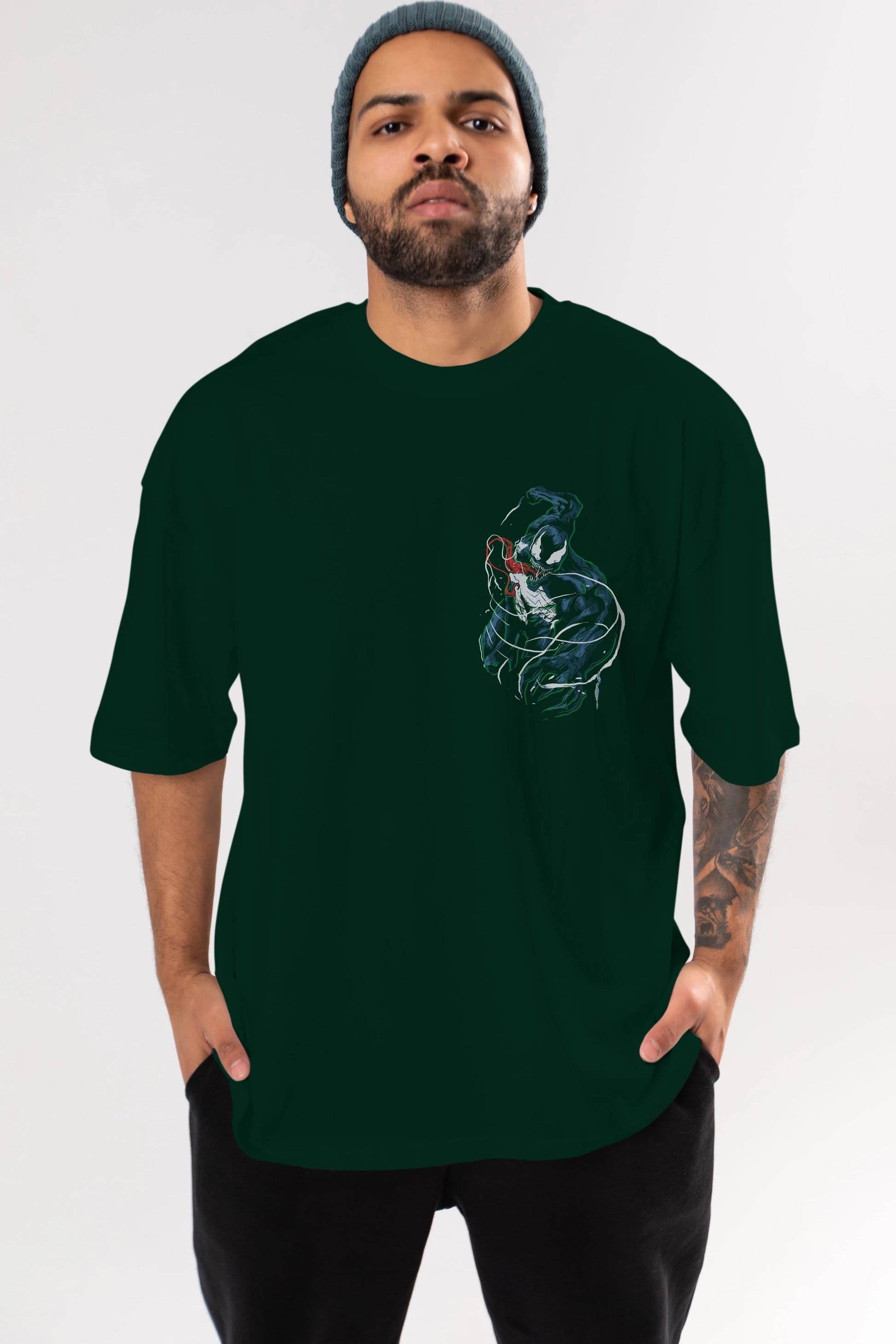 Venom (5) Ön Sol Baskılı Oversize t-shirt Erkek Kadın Unisex %100 Pamuk Bisiklet Yaka tişort