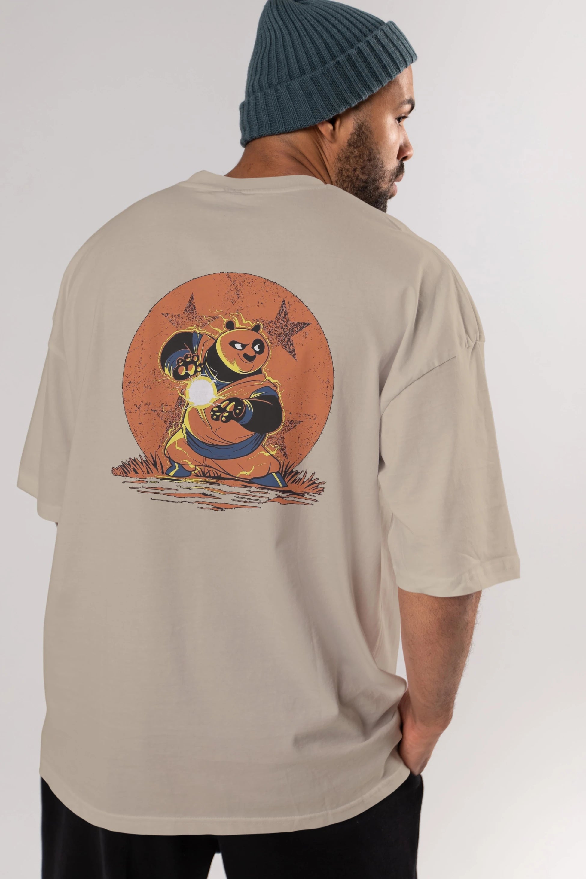 Kung Fu Panda Arka Baskılı Oversize t-shirt Erkek Kadın Unisex %100 Pamuk Bisiklet Yaka tişort