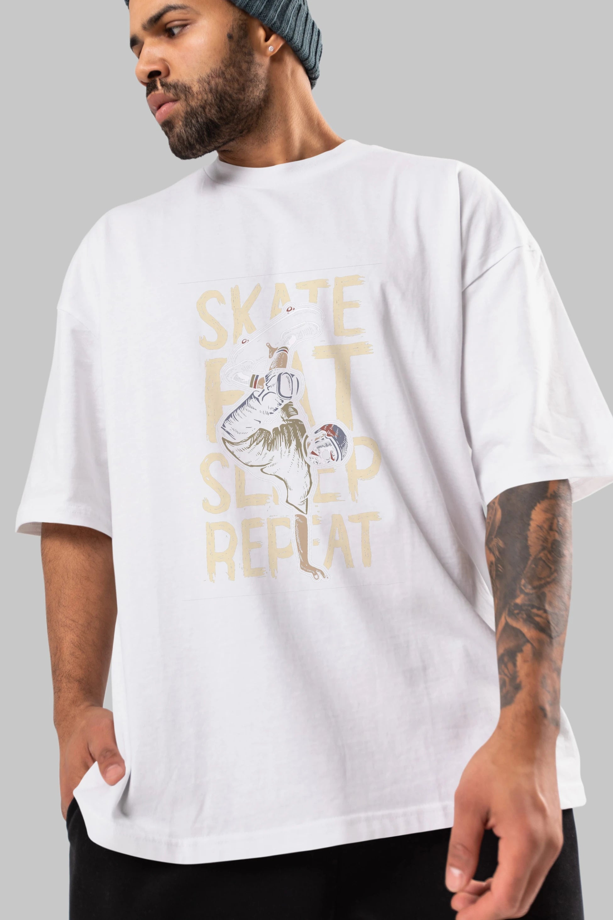 Skate Eat Sleep Repeat Ön Baskılı Oversize t-shirt Erkek Kadın Unisex %100 Pamuk tişort