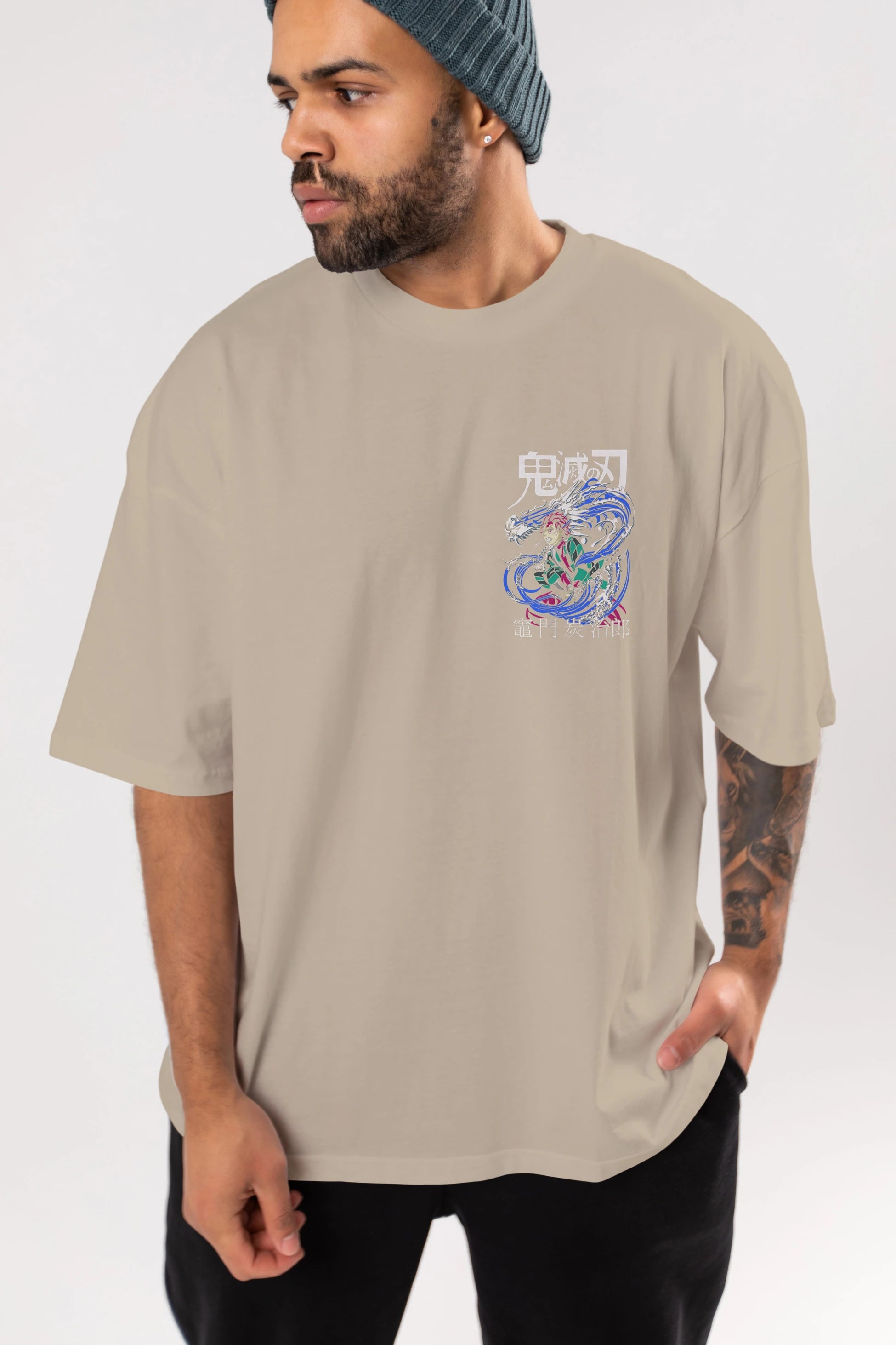 TANJIRO KAMADO 2 Ön Sol Baskılı Oversize t-shirt Erkek Kadın Unisex %100 Pamuk Bisiklet Yaka tişort