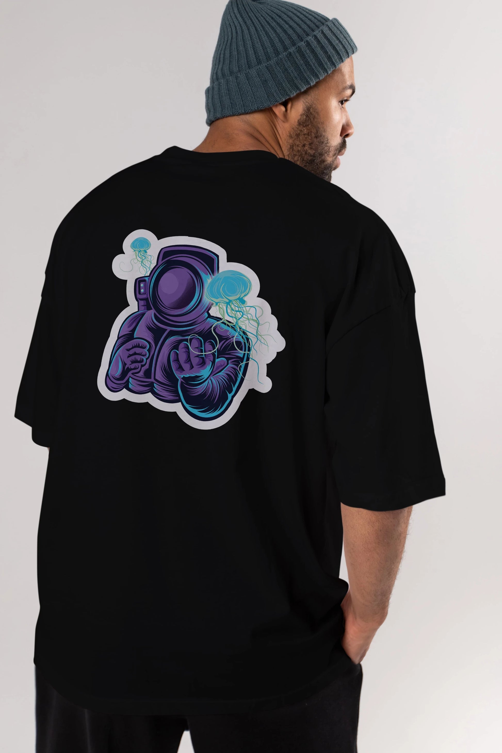 Astronaut and Jellyfish Sticker Arka Baskılı Oversize t-shirt Erkek Kadın Unisex